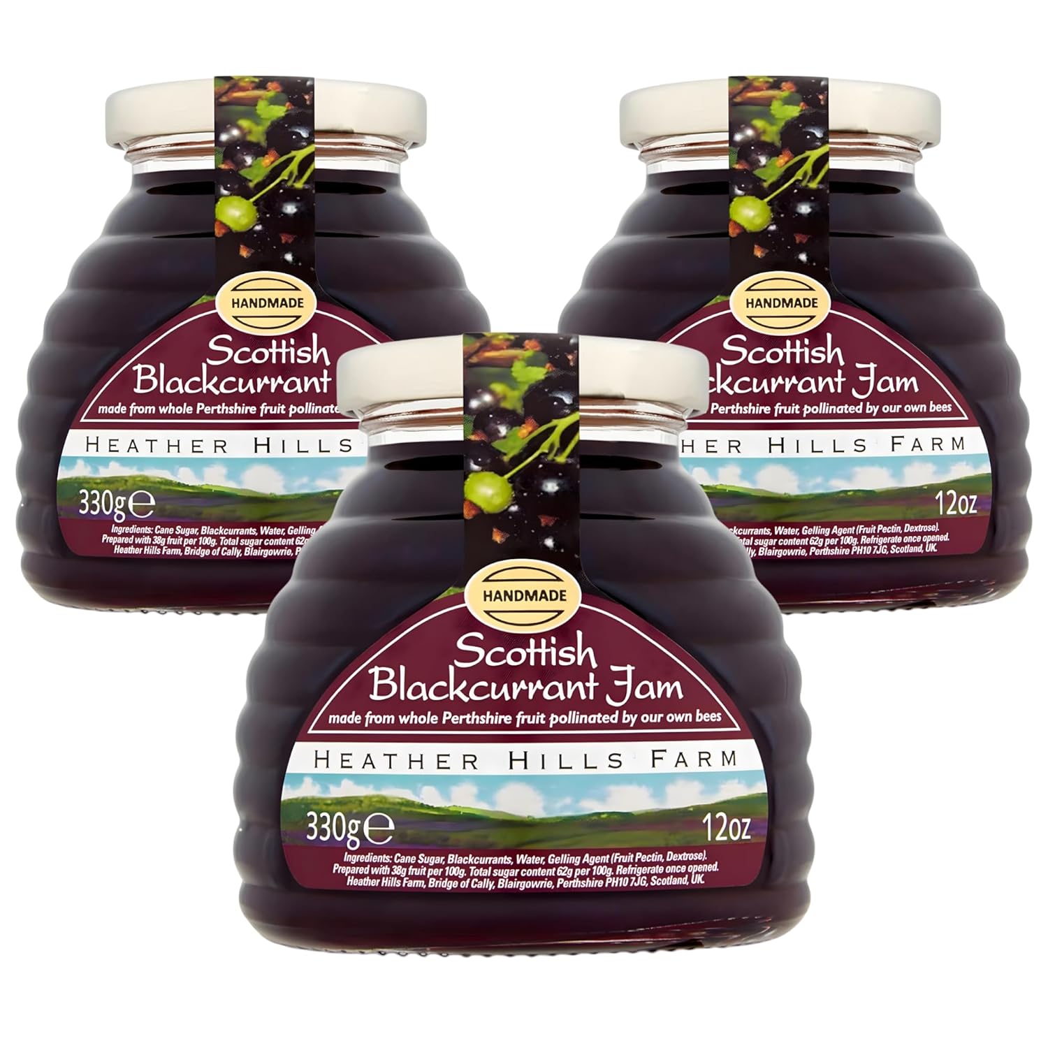 Heather Hills Farm Scottish Black Currant Jam 11.6 Oz (Pack of 3) - Handmade Artisan Fruit Preserve, Sweet & Tangy Scottish Food Gift Made in Scotland, Preservative Free Authentic Blackcurrant Spread