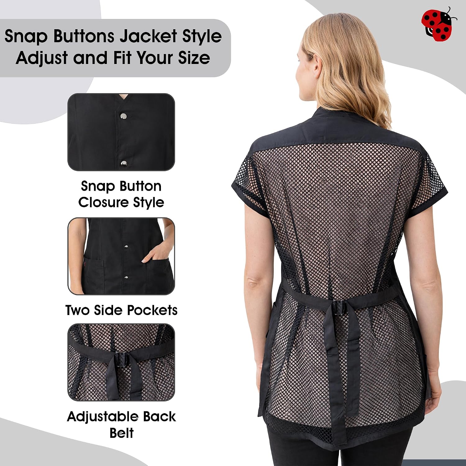 Ladybird Line 430 Black Water Resistant Grooming Jacket, Hair Bleach Resistant, Breathable Mesh Lining, Adjustable Back Belt