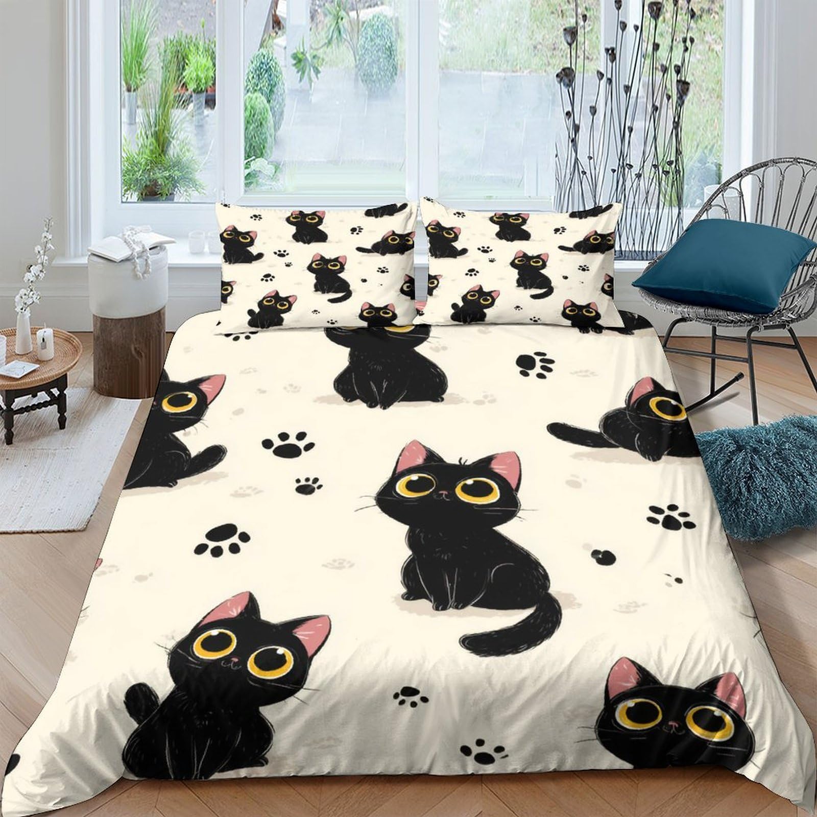 Ctjqhvkz Style-1 3D Printed Black Cat Fitted Sheet Microfiber Soft Cream Cartoon Paw Bed Cover For Bedroom Dorm Mattress Protection Single（135X200cm）
