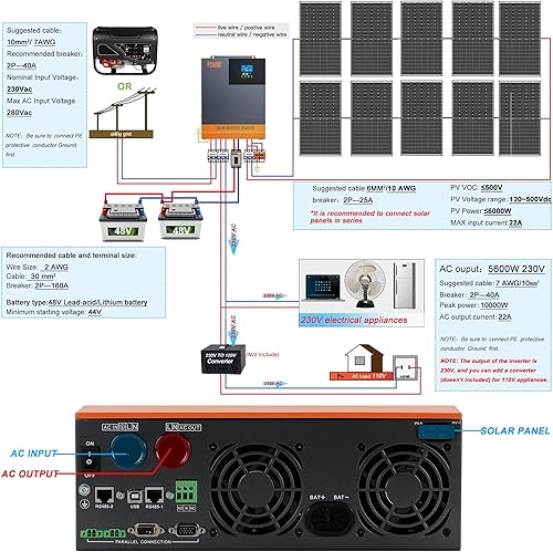 Miniatura 4 de PowMr Inversor solar de 5600 W 48 V CC a 220-230 V CA, inversor híbrido de onda sinusoidal pura con controlador de carga solar MPPT de 80 A, para