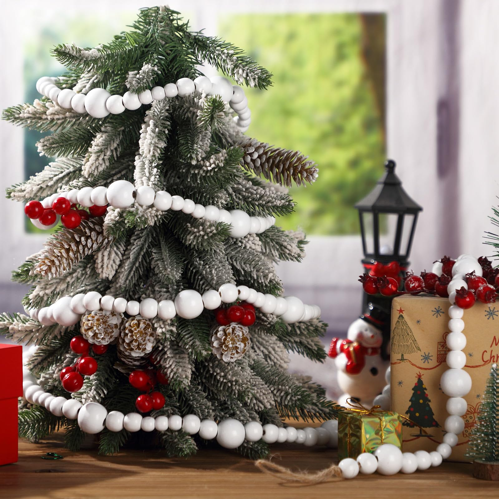 Boao Lot de 4 guirlandes de perles de Noël en bois de 3 m rustiques à suspendre au mur - Guirlande d'arbre naturel à suspendre au mur - Perles de prière pour le jour de Noël (blanc)