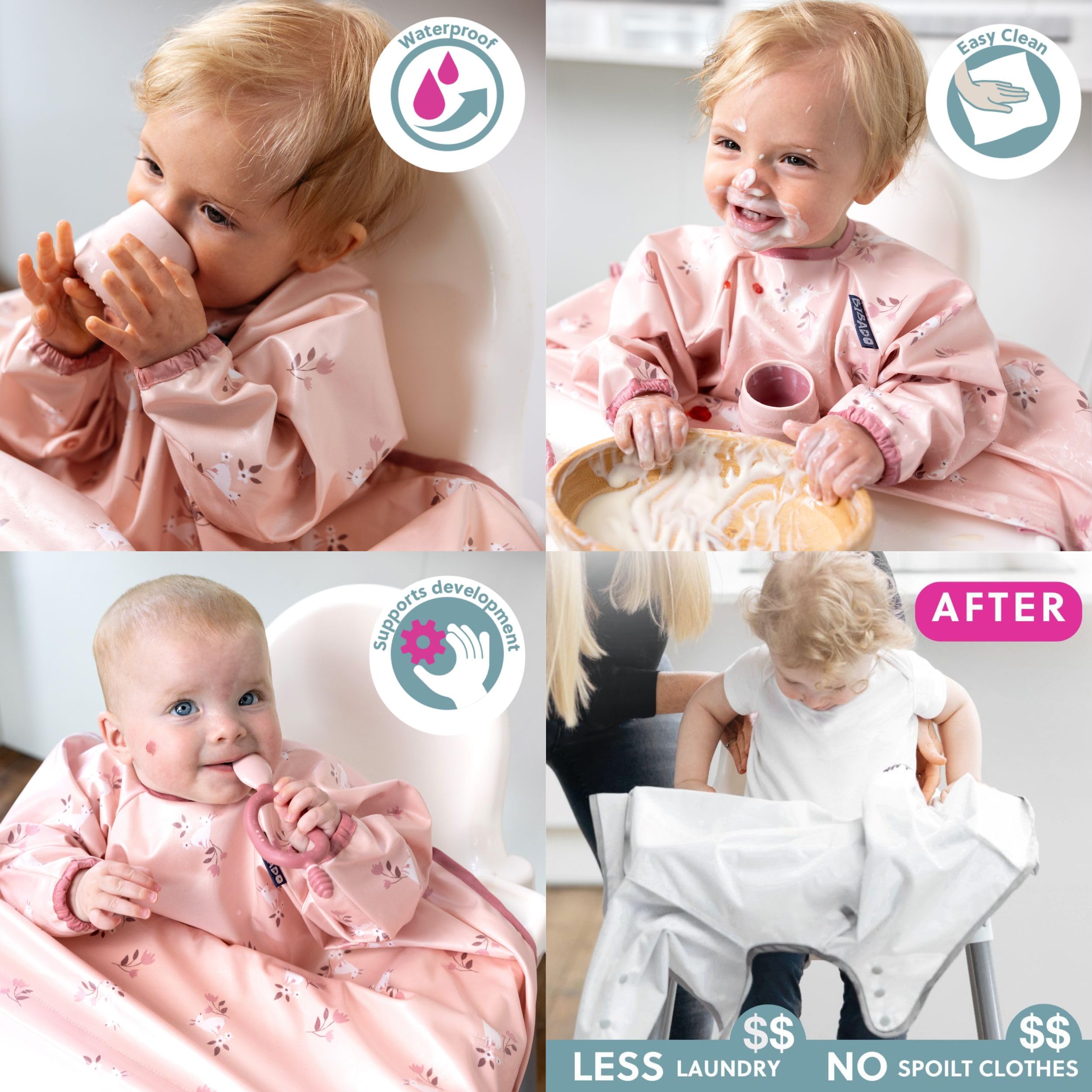BIBaDO - Long Sleeve Baby Bibs - Babies & Toddlers 6-36 Months - Coverall Weaning Bib - Easy Wipe Clean & Soft Fabric - Attach to Highchair & Tables - Waterproof - Machine Washable — view 6