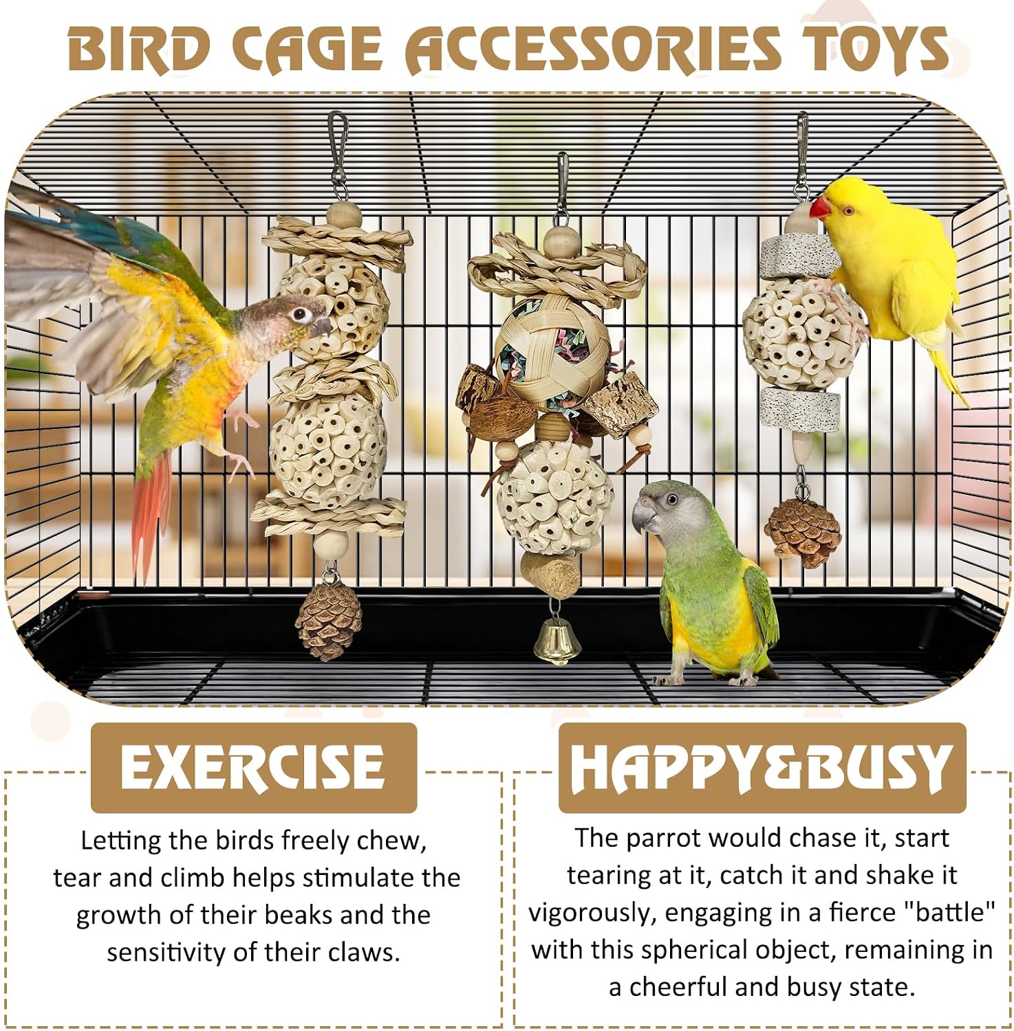 BNOSDM Hanging Bird Toy Sola Balls 3PCS Parrot Shredder Balls Natural Parakeet Foraging Toy Wood Bird Cage Chew Toys for Cockatiel, Budgie, Sun Conure, Quakers, Lovebirds (A)