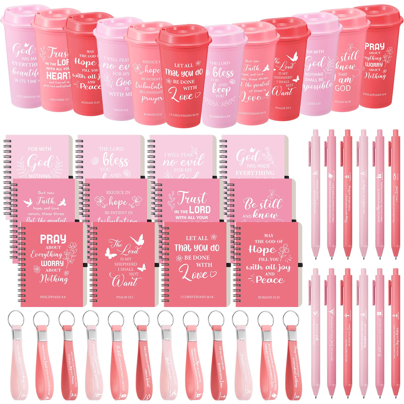 Skylety Set di 12 tazze da caffè da 48 pezzi, regalo cristiano, bibbia, religioso, con blocco note cristiano, penna portachiavi, per donne, personale, squadra, amici (sfumato rosa)