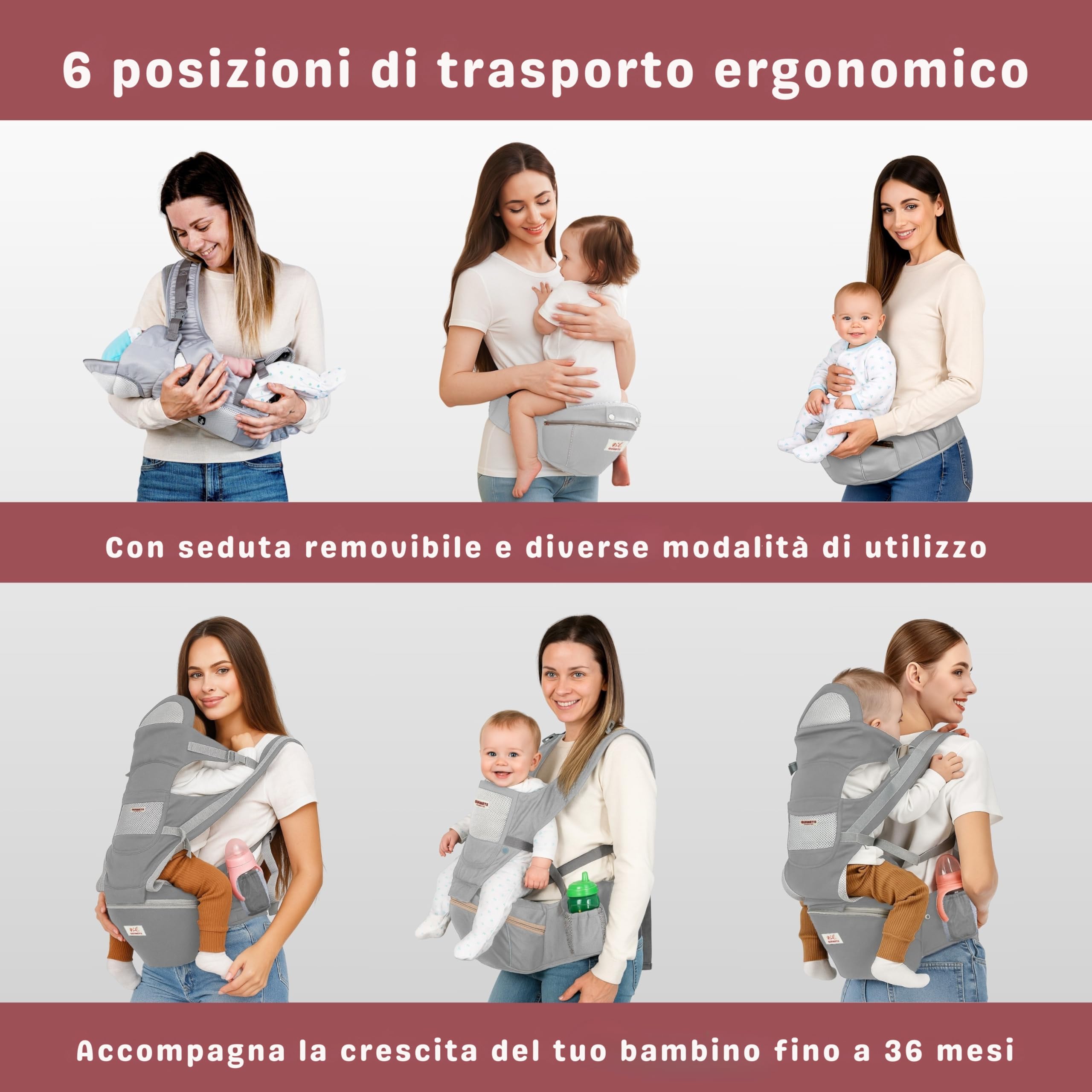 Marsupio neonato 0-36 mesi ergonomico 6 in 1 – Zaino porta bambino regolabile con seduta removibile, supporto lombare, tessuto traspirante e mussola in omaggio