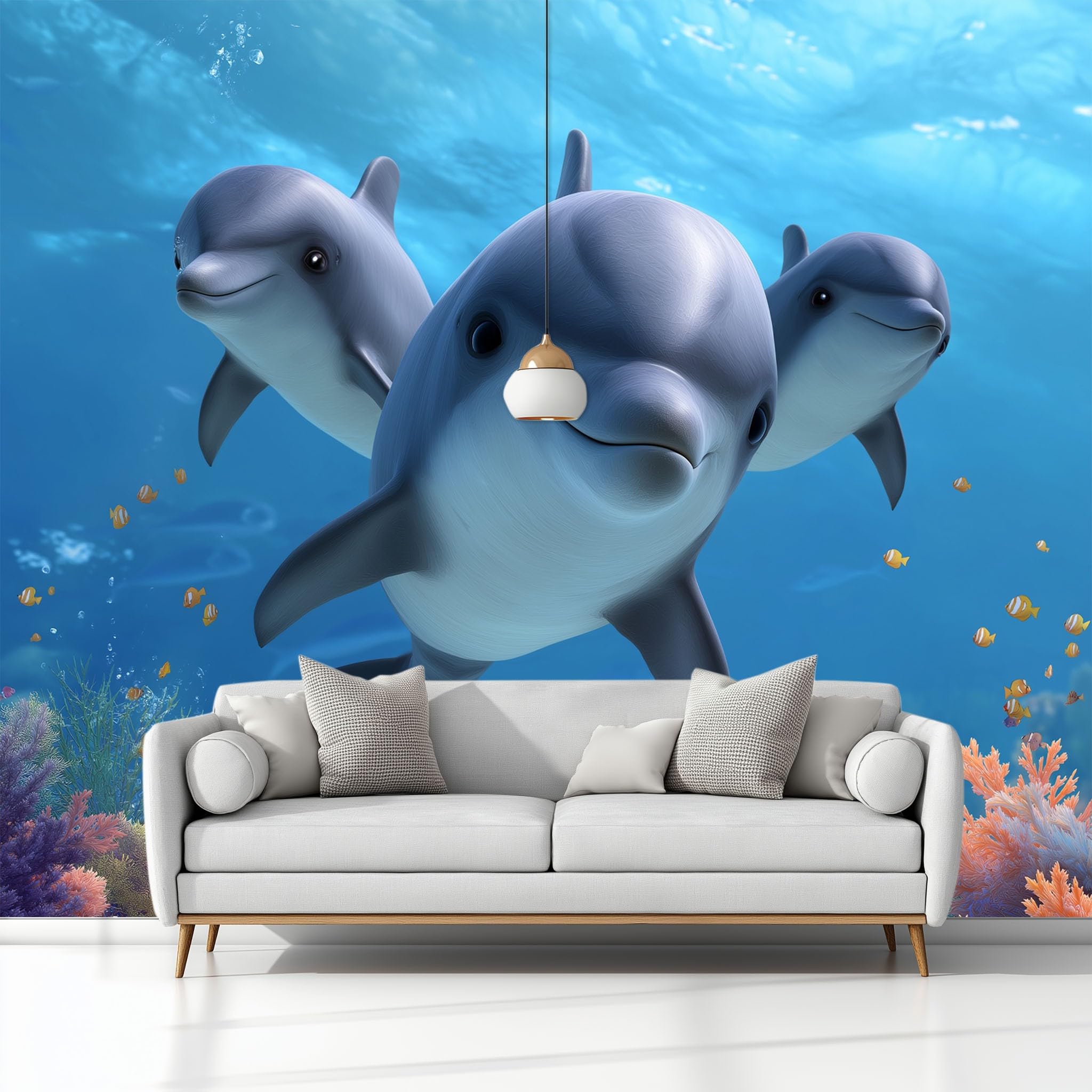 Fototapeta z efektem 3D, 350 x 256 cm (szer. x wys.), tapeta ścienna, niebieska, tapeta ścienna - śliczne morze, zwierzęta, delfiny, tapeta z włókniny, tapeta z wzorem do salonu, sypialni, biura