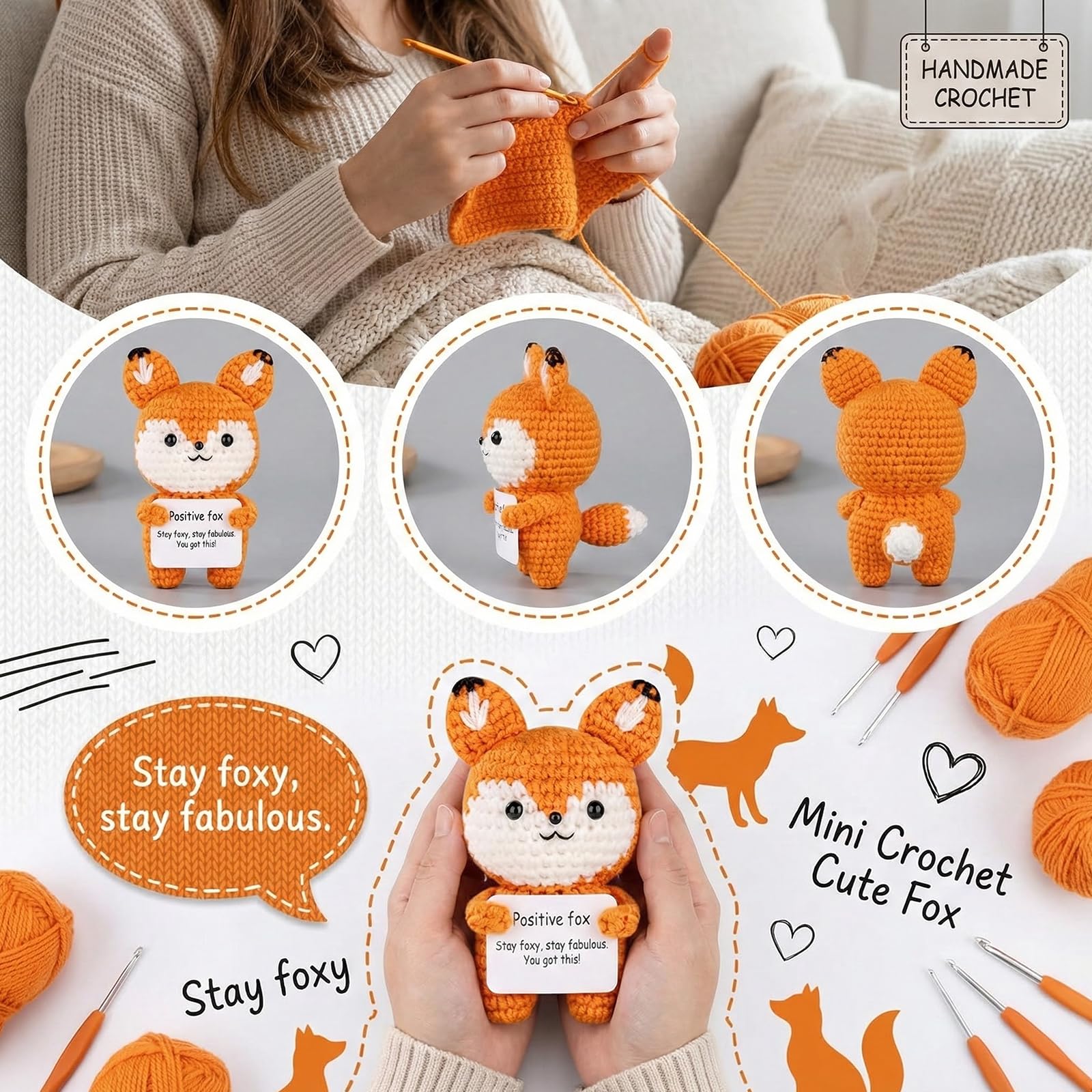 Rudfovn Crochet Fox Toy, Mini Emotional Support Handmade Positive Fox Gifts for Women Men with Positive Card - Image 4