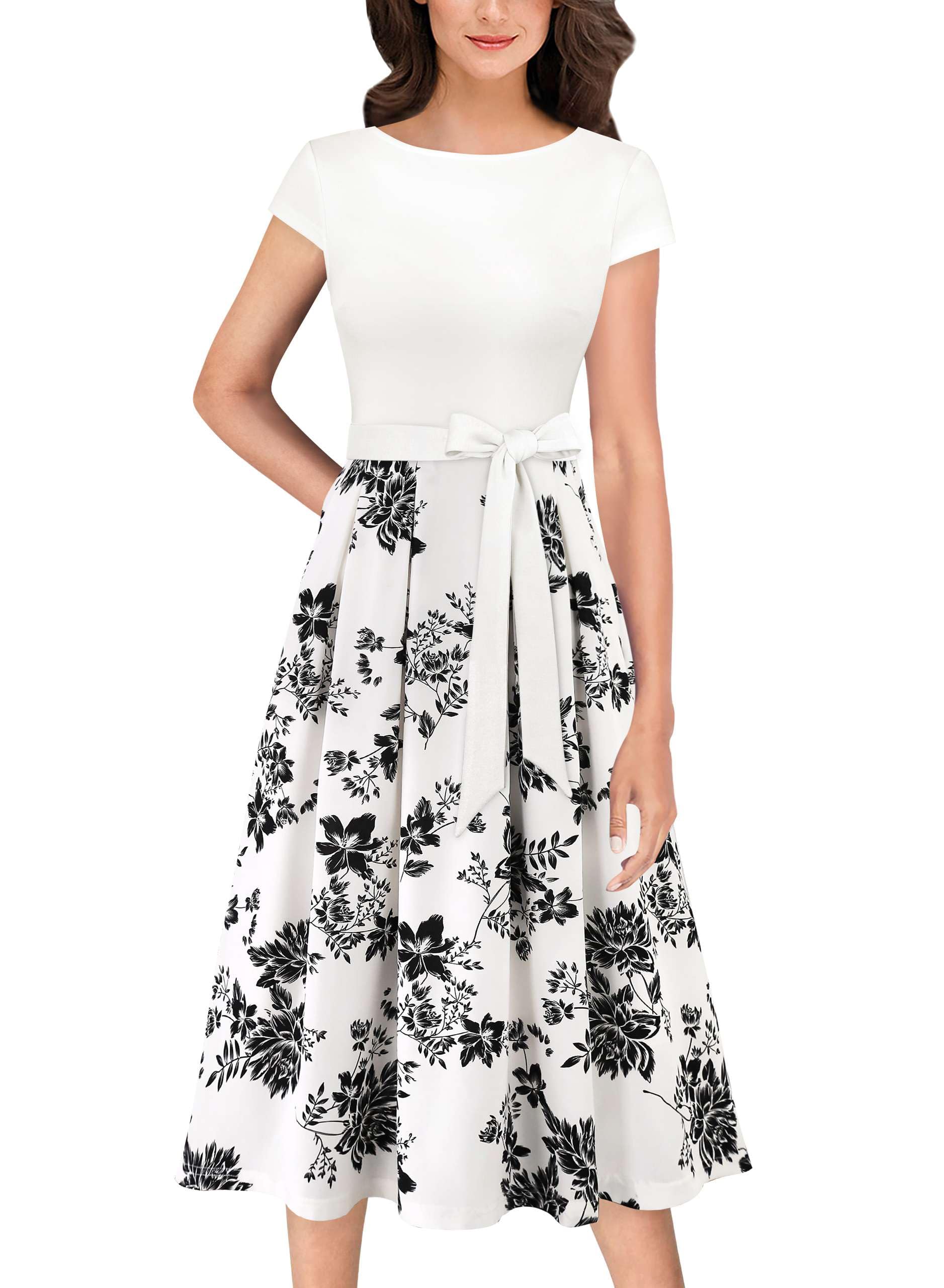 VFSHOW Womens Work Business Casual Church Pockets Belted A-Line Midi Dress