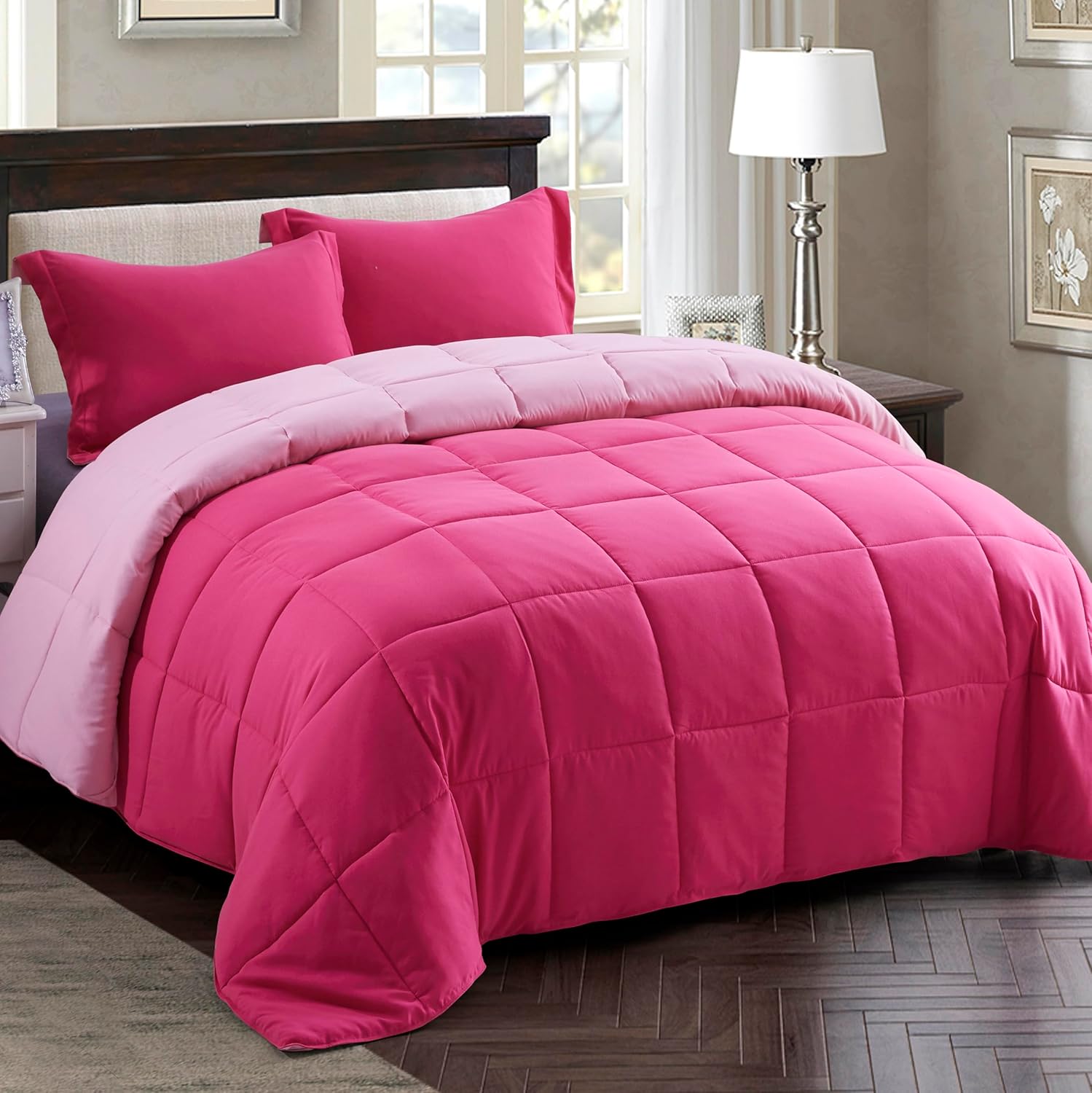 HIG 3pc Pink Queen Size Reversible Down Alternative Comforter Set - Quilted Duvet Insert with Corner Tabs