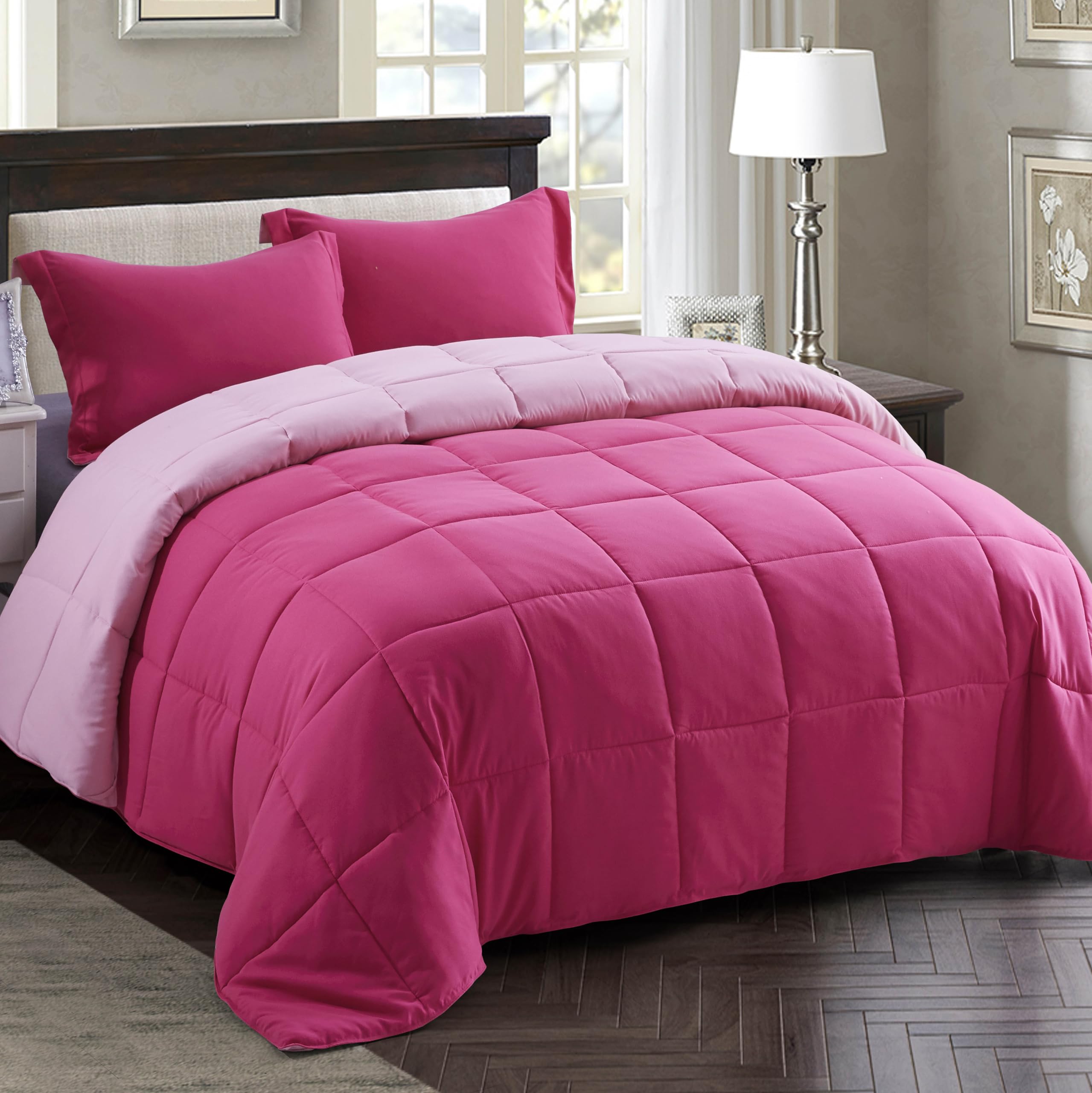 HIG 3pc Pink Queen Size Comforter Set - All Season Reversible Down Alternative Bedding Comforter Set - Quilted Duvet Insert with Corner Tabs - Box Stitched Blanket - Breathable, Soft, Fluffy