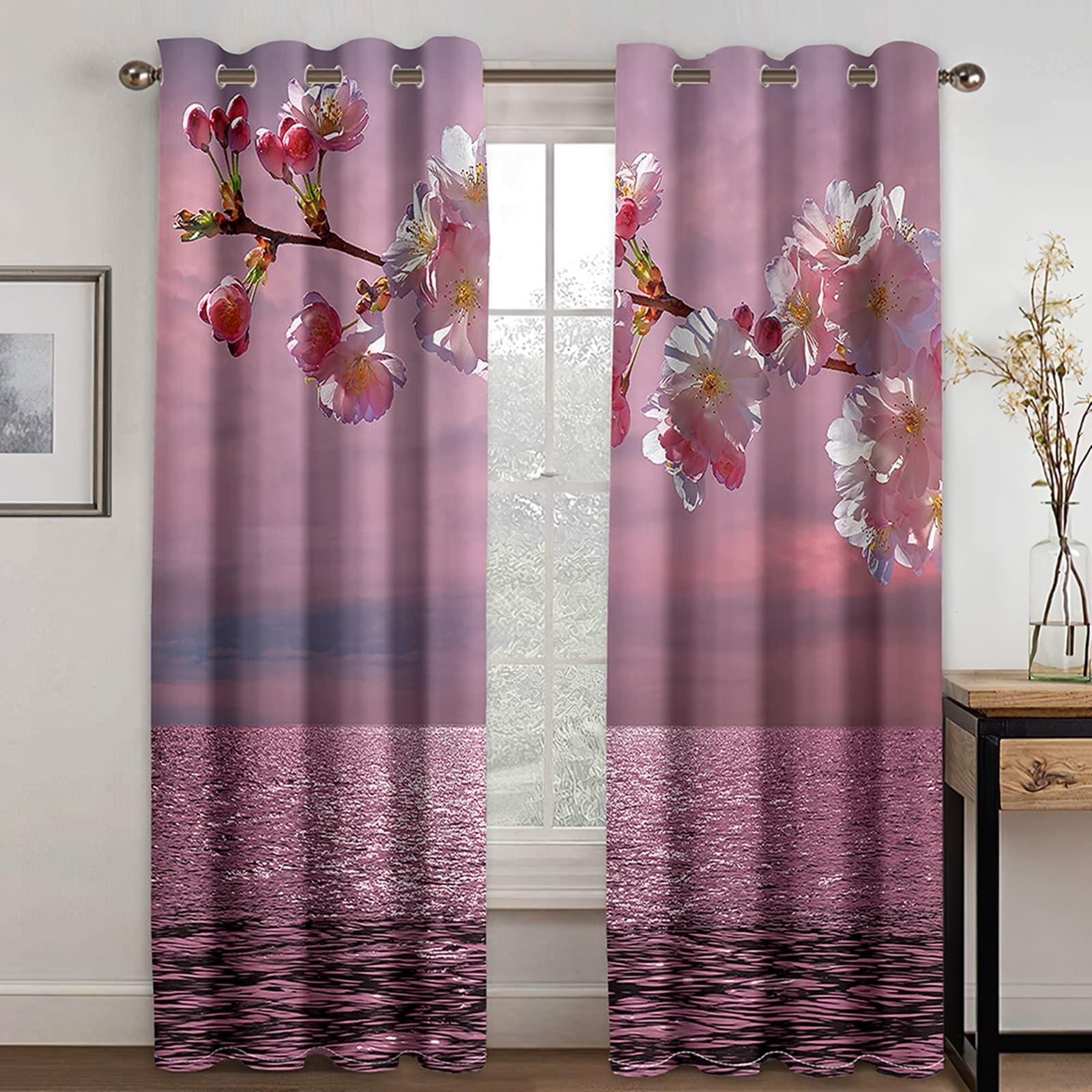 Gualiy Thermo Vorhänge 2er Set, Vorhänge 132x160 Meer und Blumen Ösenvorhang Blickdicht
