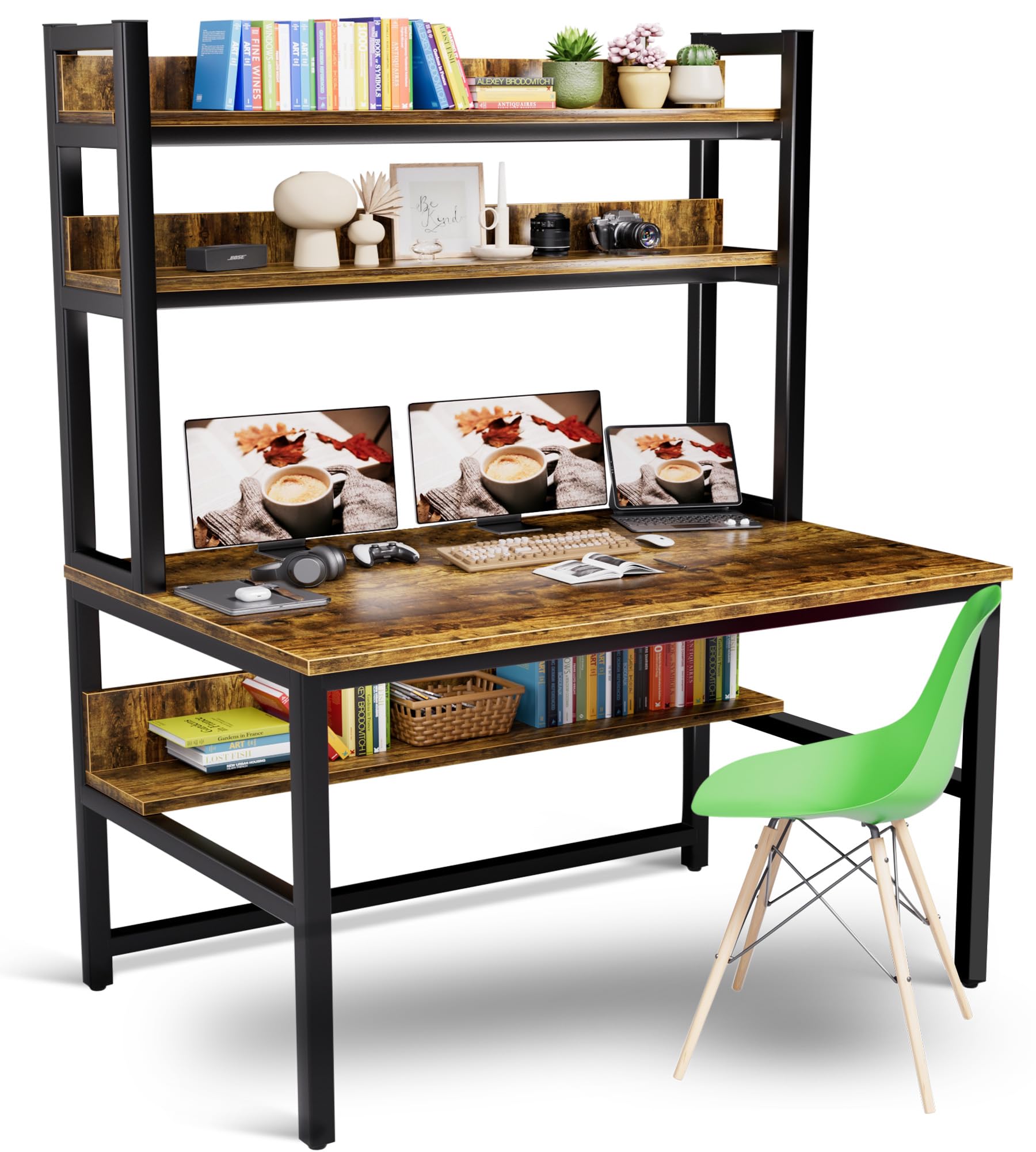 aquzee computer desk with hutch bookshelves, 55 inch home office writing desk with space saving design, gaming table organized desk with storage shelves bookshelf easy assemble, rustic brown