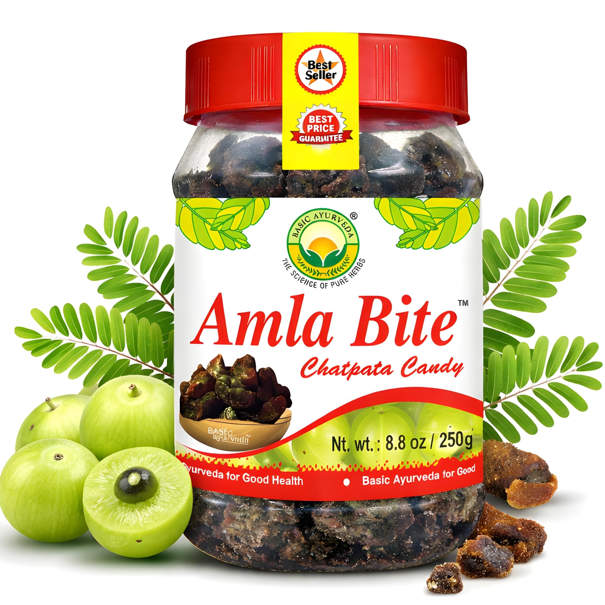 Basic Ayurveda Amla Bite Chatpata Candy | Sweet & Sour Flavor | Dried Indian Gooseberry Fruit | Soft & Chewy Candy | Natural Source of Vitamin C | 8.82 Oz/250g