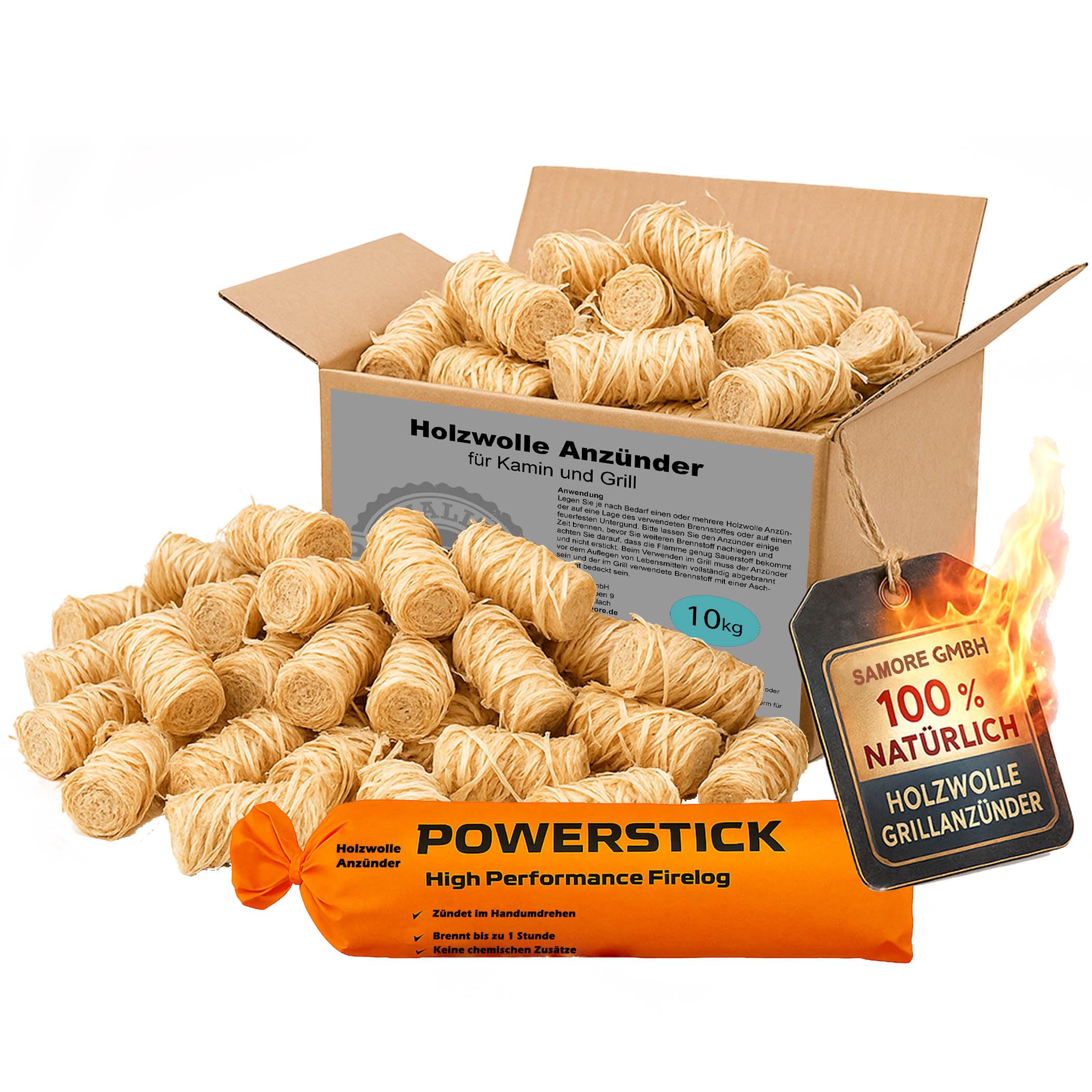Samore 10 kg Öko (ca. 800 Stck) Kaminanzünder inkl. XXL Powerstick Grillanzünder Anzündwolle Holzwolle Anzünder Zündwolle