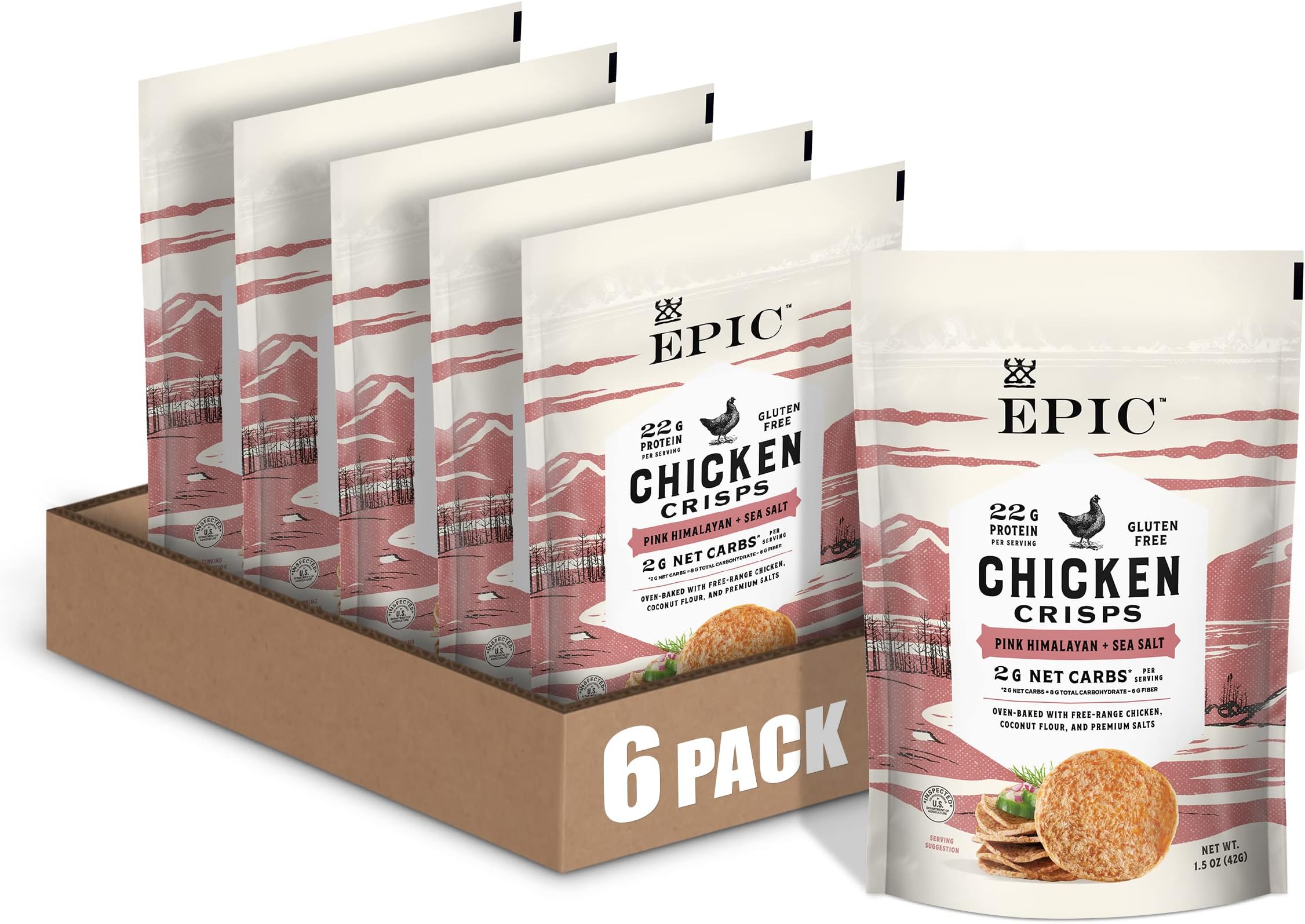 EPIC Pink Himalayan Sea Salt Chicken Crisps, Keto Friendly, 1.5oz Bag (Pack of 6)