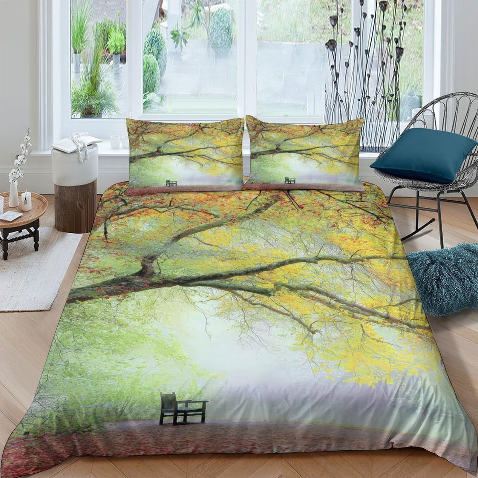 GPLZQXKJNH 3D Printed Autumn Forest Duvet Cover Microfiber Soft Breathable Misty Tree Bedding Set with 2 Pillowcases for Bedroom Décor Single（135x200cm）