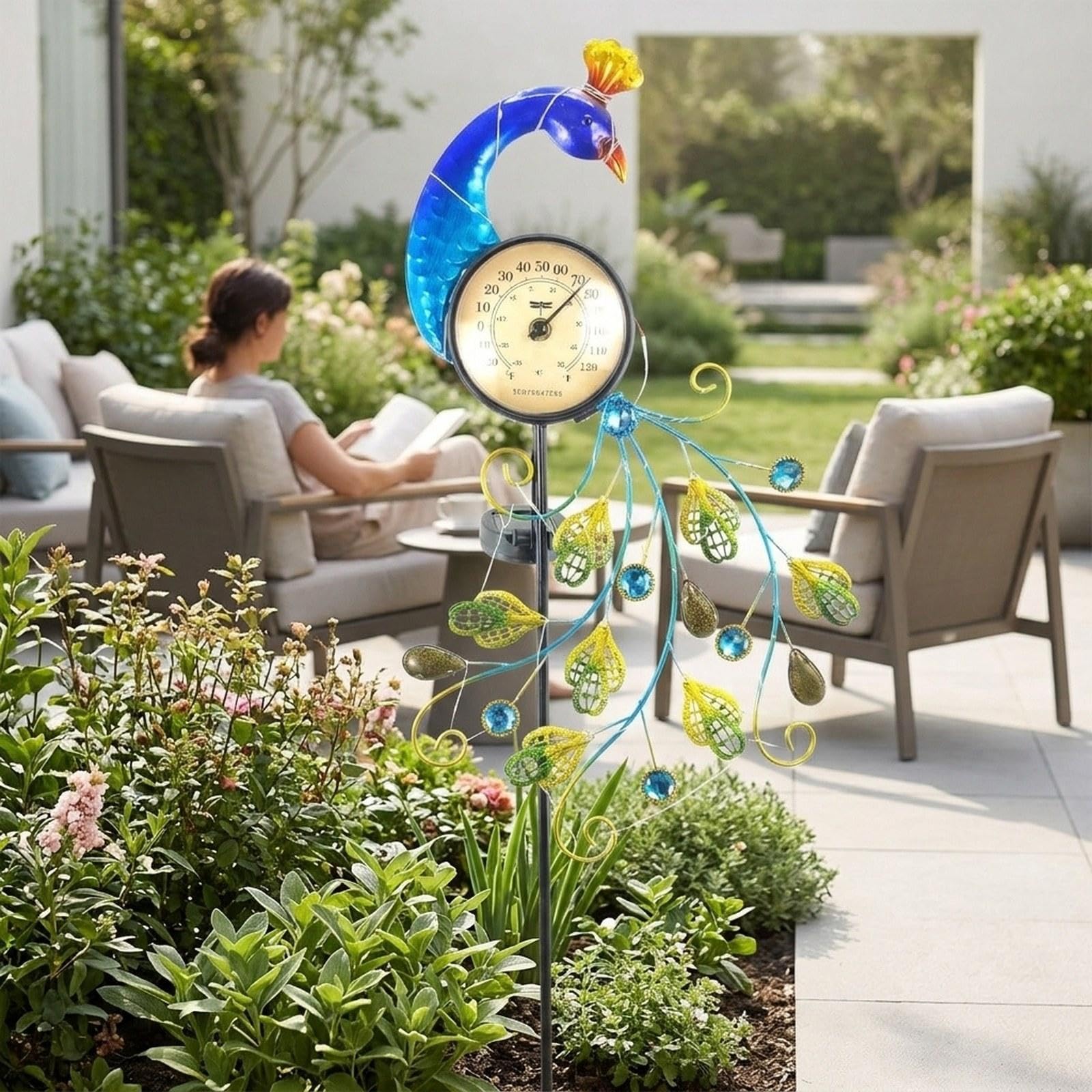 Termometro Da Esterno per Giardino con Luci Solari, in Ferro, con Grazioso in Metallo Alto 107 Cm (42") per Portico, Balcone E Prato.