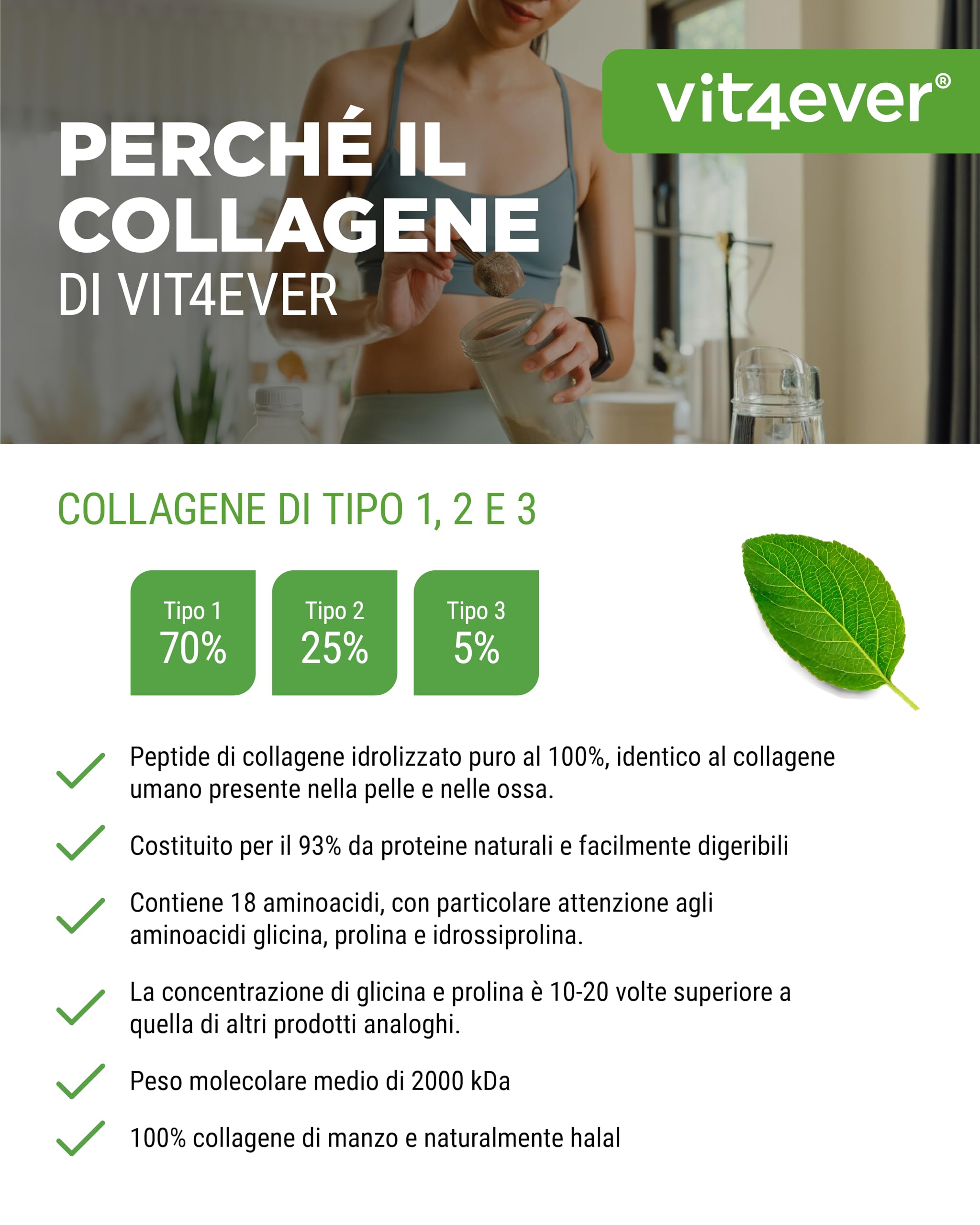 Collagene in Polvere 1000 g - 100% Peptidi idrolizzati di Collagene Bioattivo - Collagene di Tipo 1, 2 e 3 - Sapore Neutro - Senza additivi