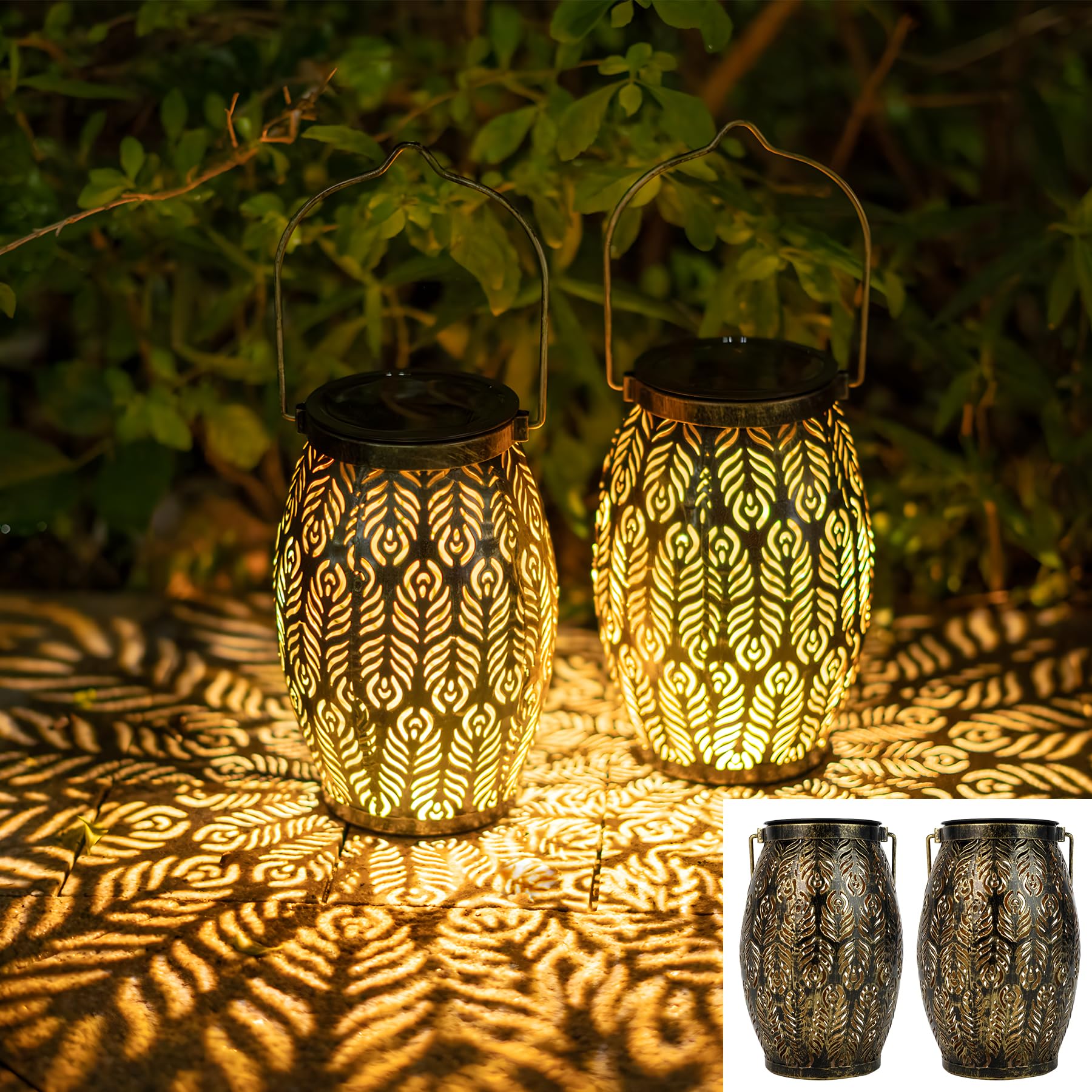 JOYCREATOR LED Solarlaterne für Außen 2 Stück, Metall Solar Laternen für Draußen Hängend/ Stehend, IP65 Wasserdicht Solarlampen für Außen Garten Orientalische für Balkon Baum Camping Garten Deko