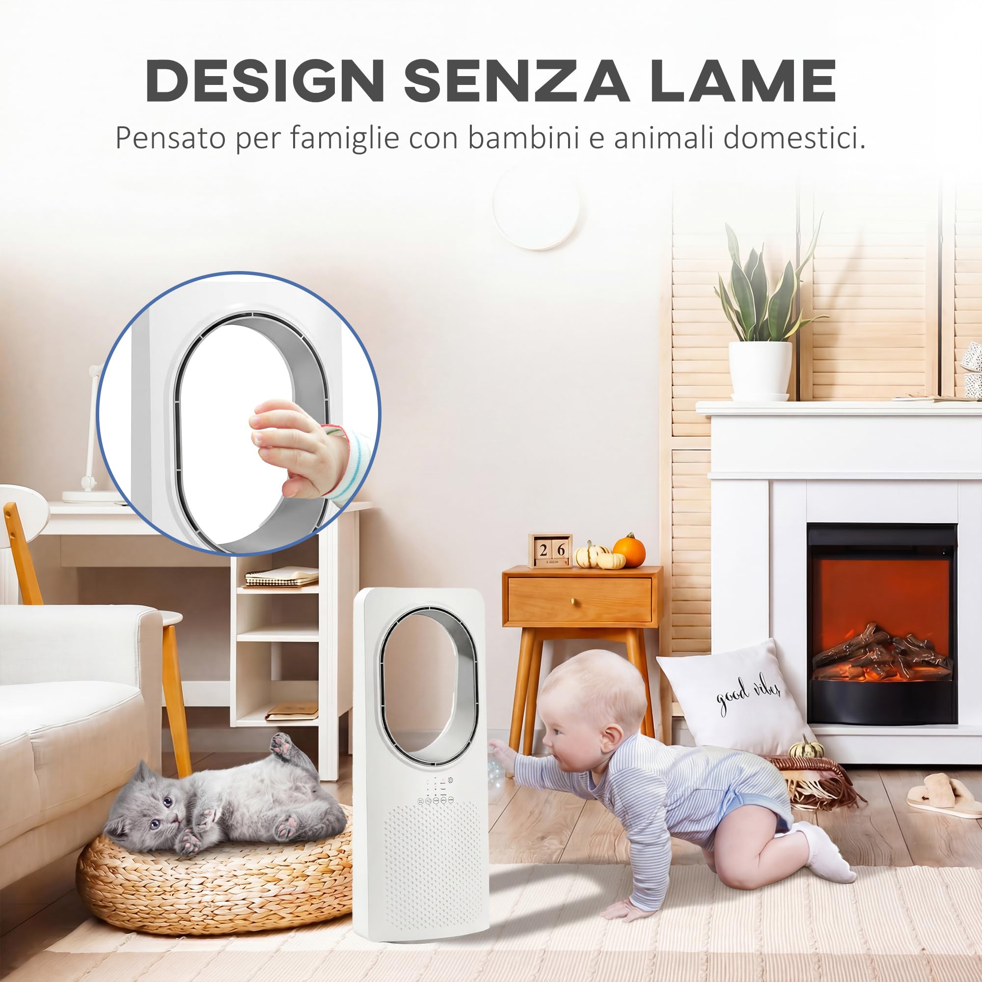 HOMCOM Ventilatore a Torre Senza Pale per Camera da Letto, Silenzioso 36dB, con Oscillazione a 45°, Luci LED, 3 Velocità, 3 Modalità, Timer 15 Ore, Telecomando, Bianco