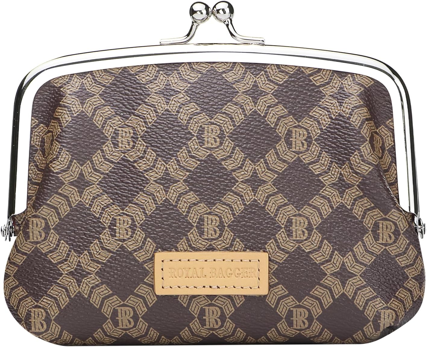 Royal Bagger RFID Coin Purses for Women, Fashion Kiss Lock Change Pouch, Double Clip Key Card Storage Bag,Signature Coated Canvas & Vegetable-Tanned Cowhide Leather 2858 (Coffee)