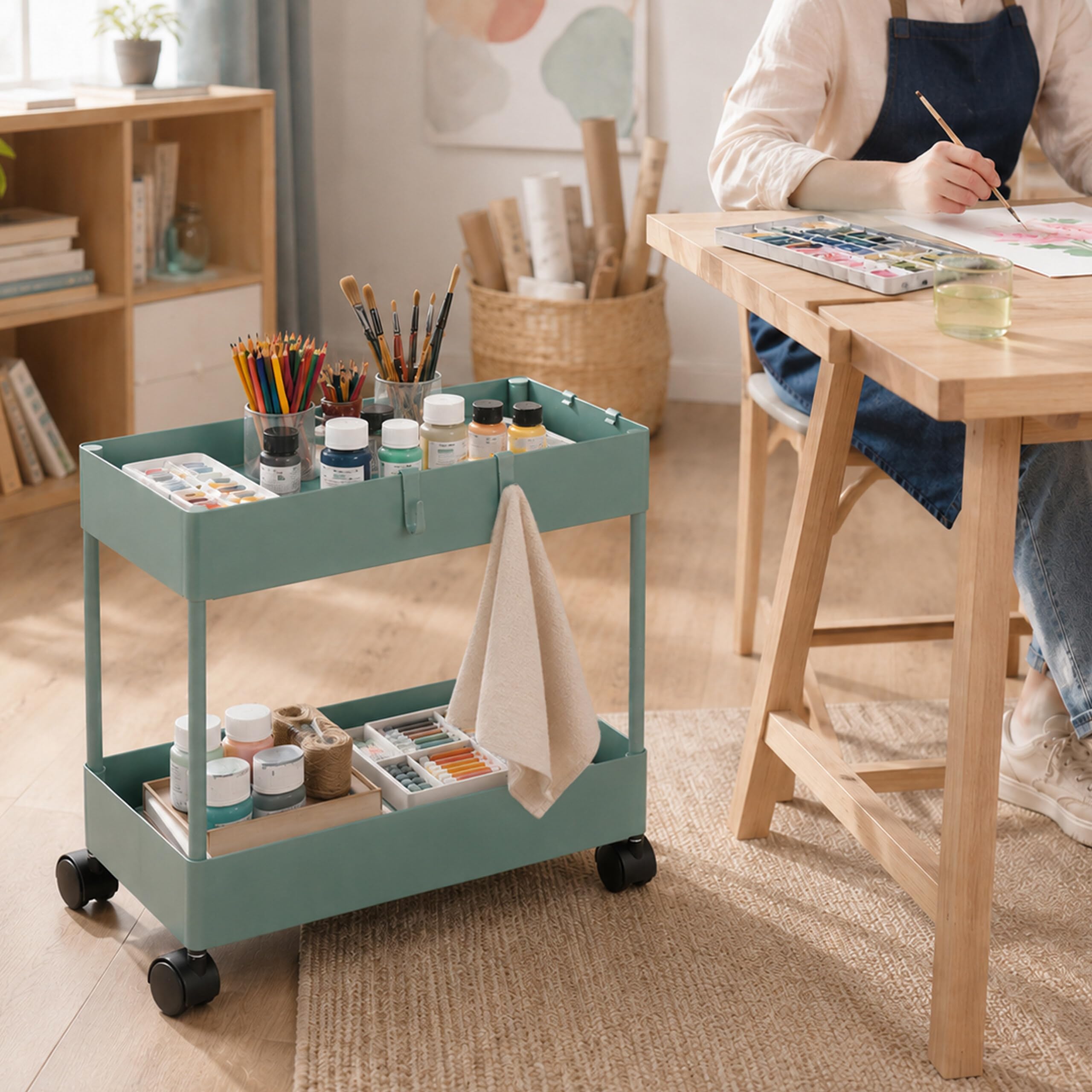 Relaxdays Carrello su ruote, 2 ripiani, verde | Carrello da cucina/servizio per bagno e ufficio, 38x39,5x21,5 cm
