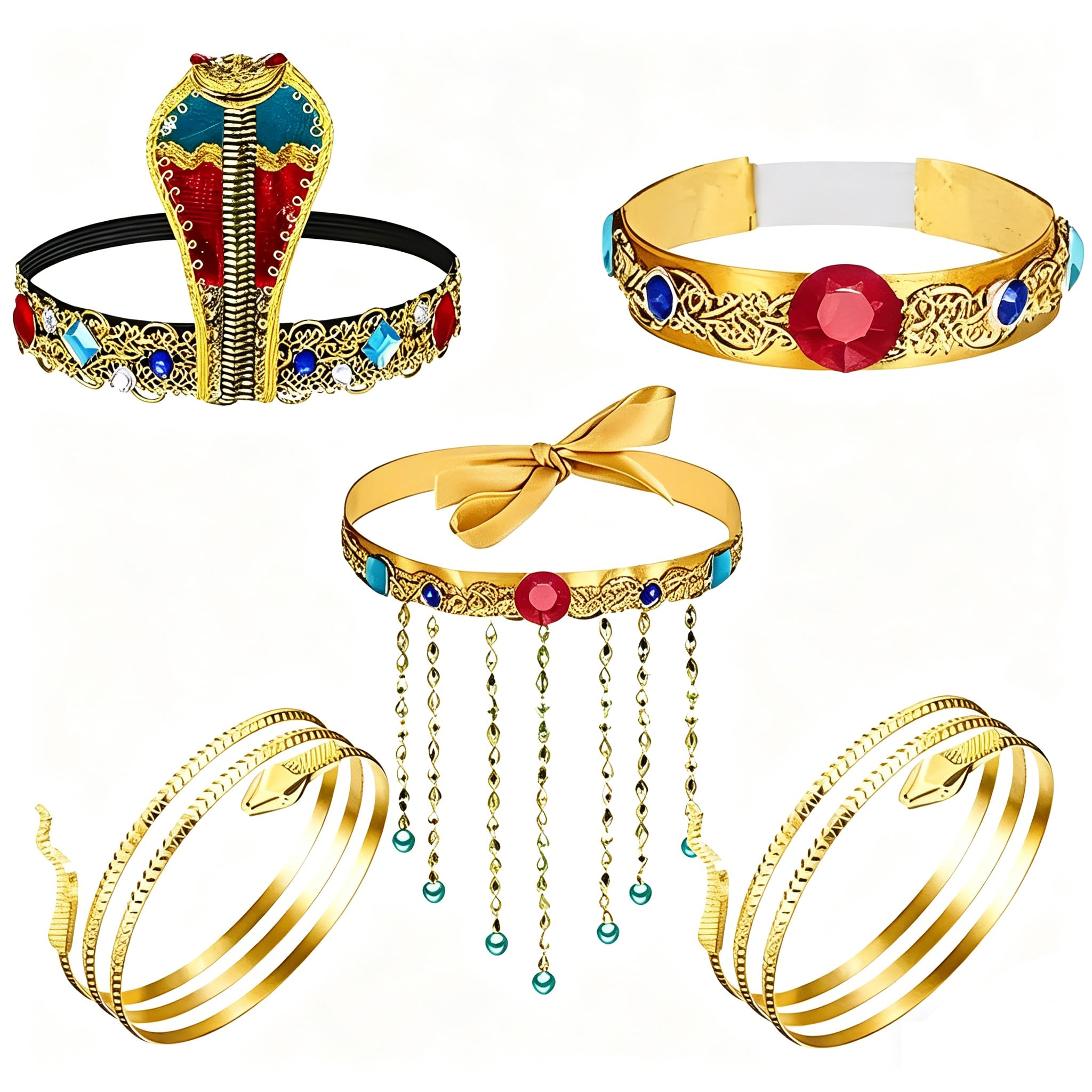 cadelon 5 Pcs Egyptian Costume Accessories Set: Cleopatra Snake Headdress Necklace Bracelets for Women, Deluxe Gold Vintage Glamour for Themed Party Cosplay and Stage Performance