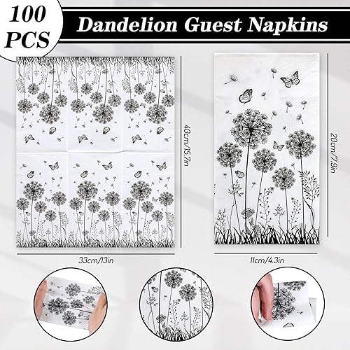 Miniatura 2 de Whaline Paquete de 100 servilletas de papel desechables de diente de león de 2 capas de color negro y blanco, toallas de mano de papel con mariposas
