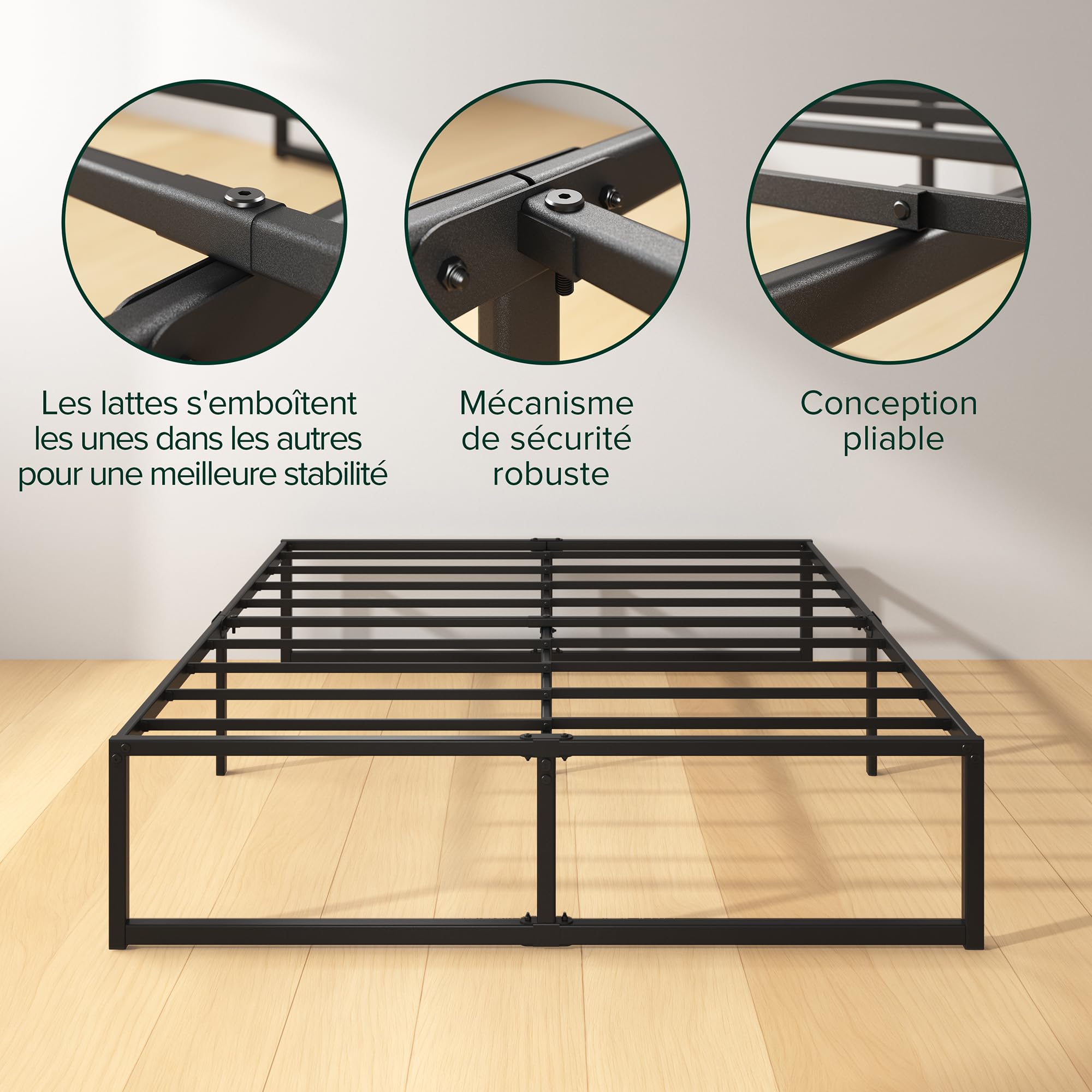 Zinus Lorelai Sommier 140x190 cm avec Lattes en Métal - Cadre de Lit 2 Personnes en Acier Robuste - Hauteur 36 cm pour Rangement - Montage Facile - Noir