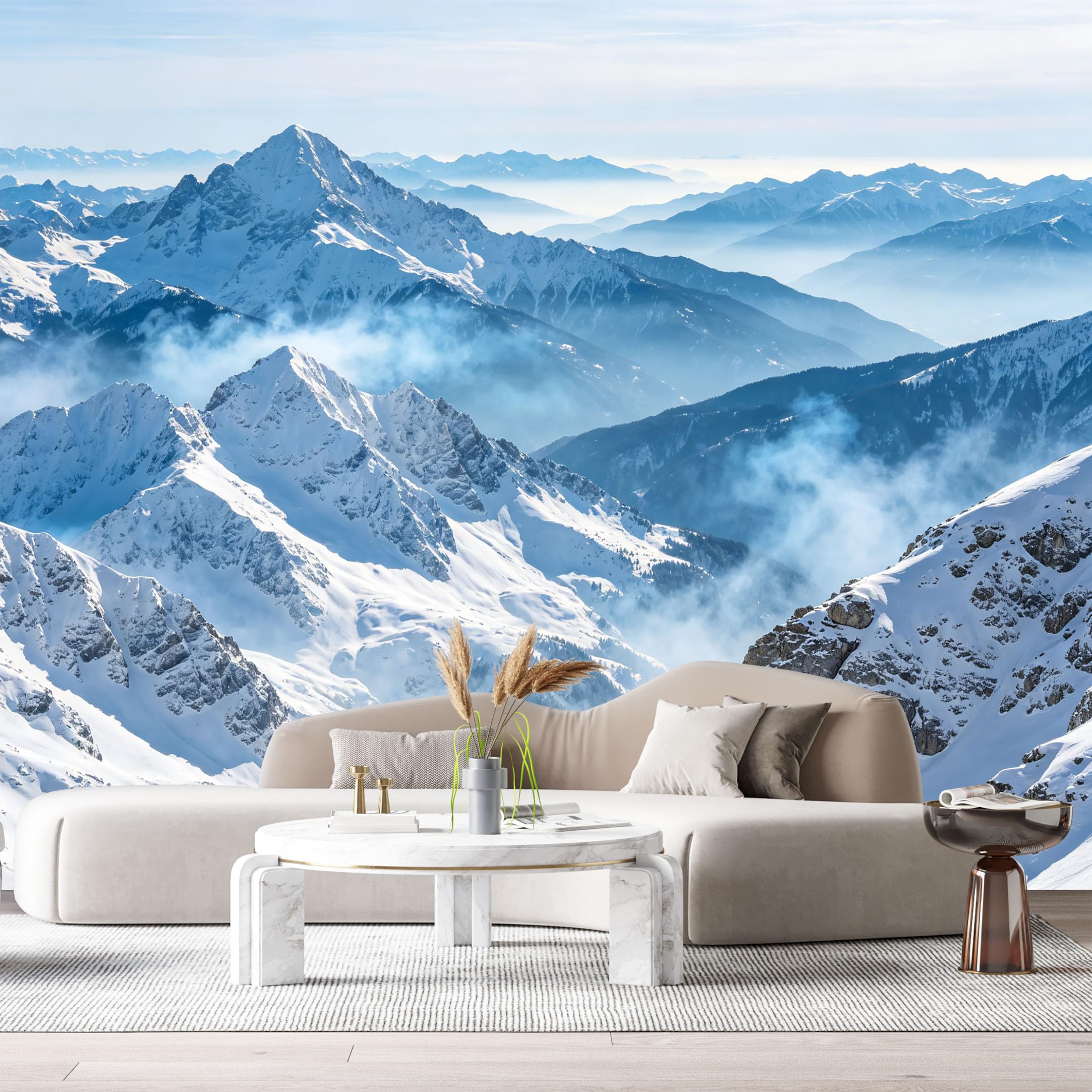 Custom Size Wall Murals Snowy Mountain Peak Landscape Modern Minimalist Alpine Ridge Aerial View SelfAdhesive Wall Fabric Removable Large Wallpaper for Living Room