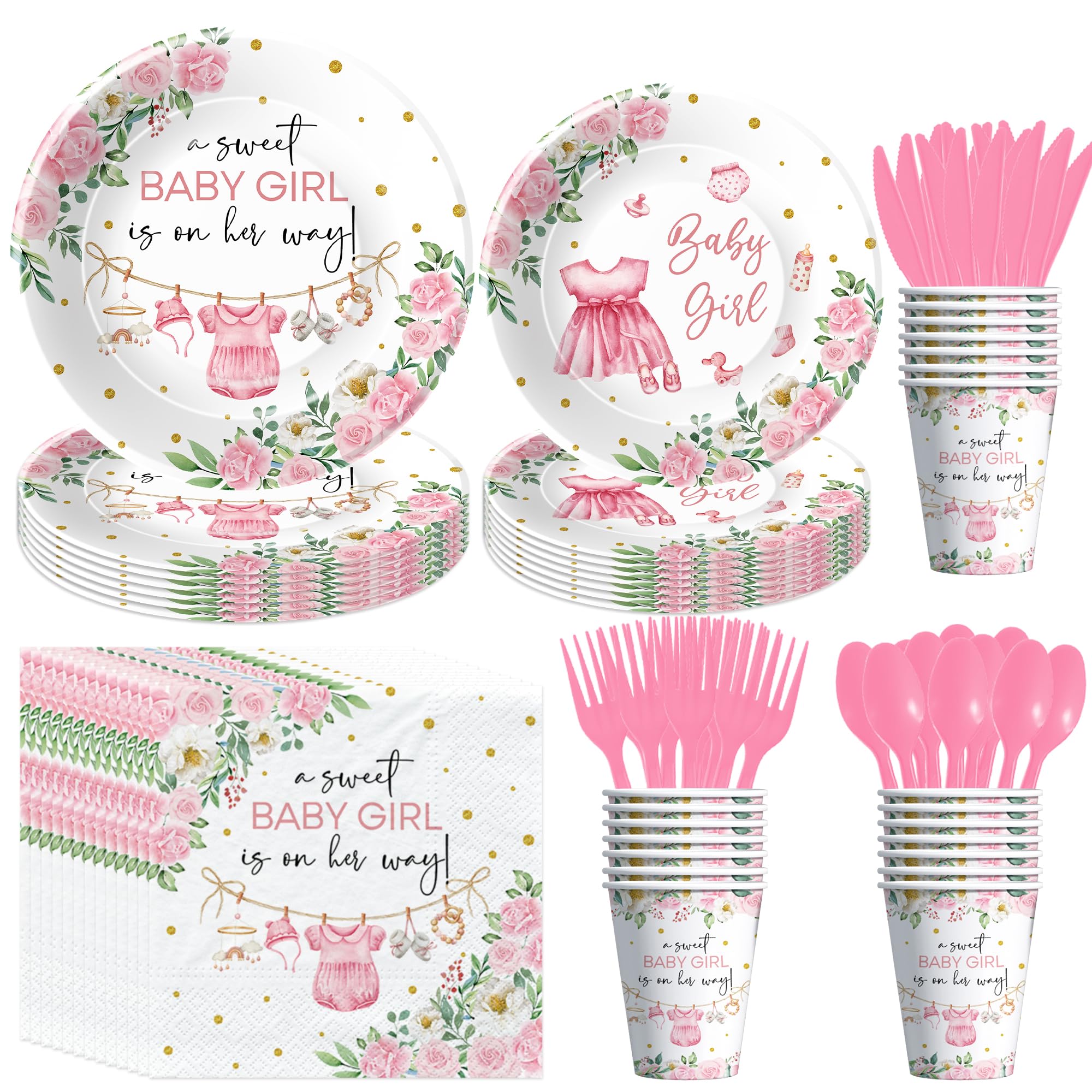Srua Don Pink Baby Girl Baby Shower Plates and Napkins Decorations, Floral Sweet Baby Girl Party Supplies for Gender Reveal, Paper Plate, Napkin, Cup,