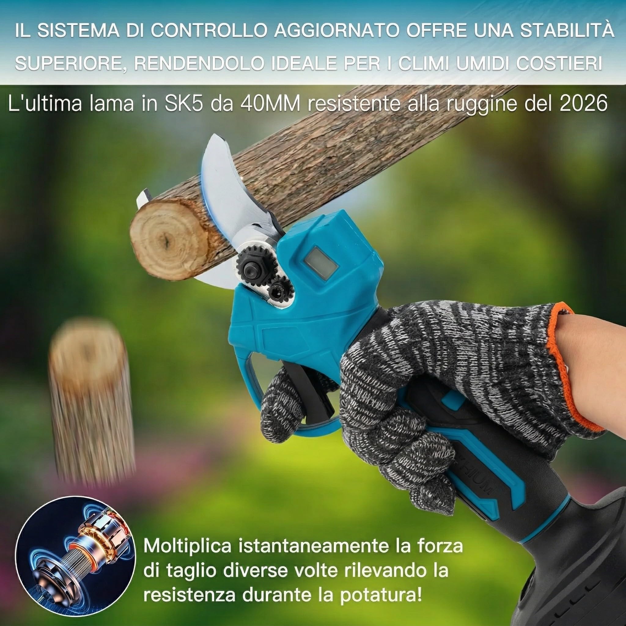 Cesoie Elettriche Potatura Senza Fili, 2 Batterie 21V 2.0Ah Ricaricabili e 2 Lame SK5, Taglio Ø40mm (1.6"), Cesoie a Batteria per Giardinaggio, Alberi e Rami