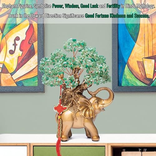 Miniatura 6 de Árbol de dinero de cristal de aventurina verde sobre estatua de elefante dorado, árbol bonsái grande de 17 pulgadas, decoración del hogar, regalos