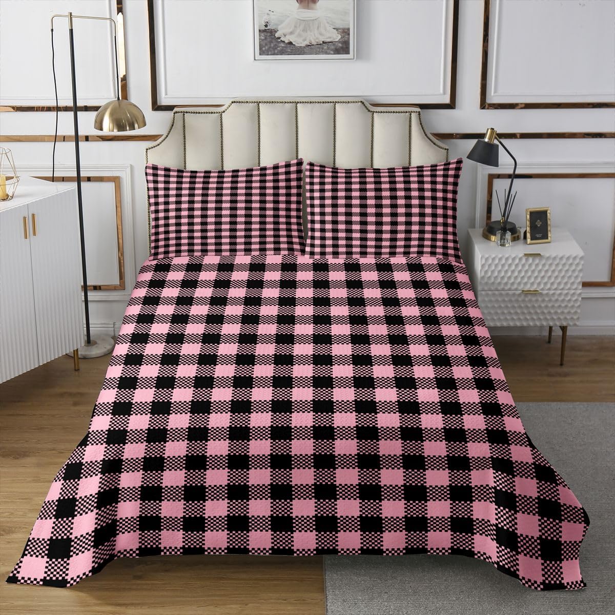 Loussiesd Set di 2 copriletto a quadri rosa e nero, per letto singolo, motivo geometrico a quadretti, morbido, accogliente, a scacchi, leggero, per tutte le stagioni, con 1 federa