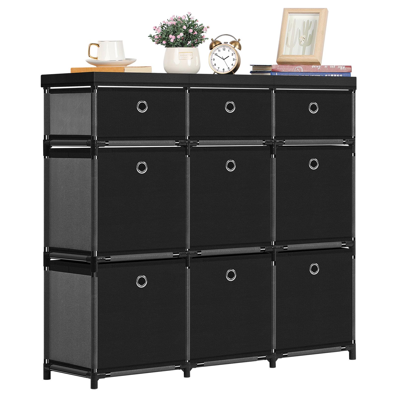 Photo 1 of HAITRAL 9 Cube Storage Organizer, Fabric Storage Chest Drawers Organizer Unit for Closet, Easy Assembly Clothes Closet Dresser for Bedroom,Dorm,Hallway, Storage Bins (Black) 9 cube black