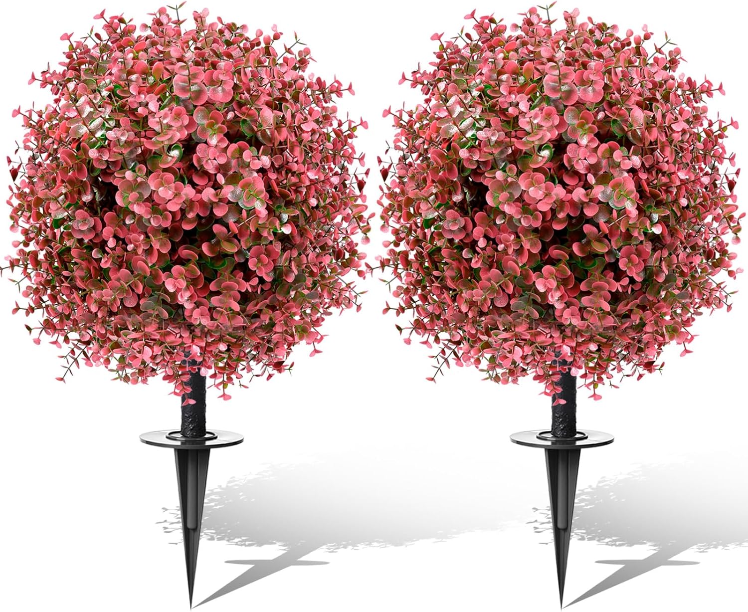 2 Pack 23” Artificial Topiary Bushes for Outdoors Fall Decorations with 7.8” Spike, Red Boxwood Ball Fake Shrubs UV Resistant Faux Plants for Indoor Outdoor Garden Entryway Front Porch Decor Red Eucalyptus