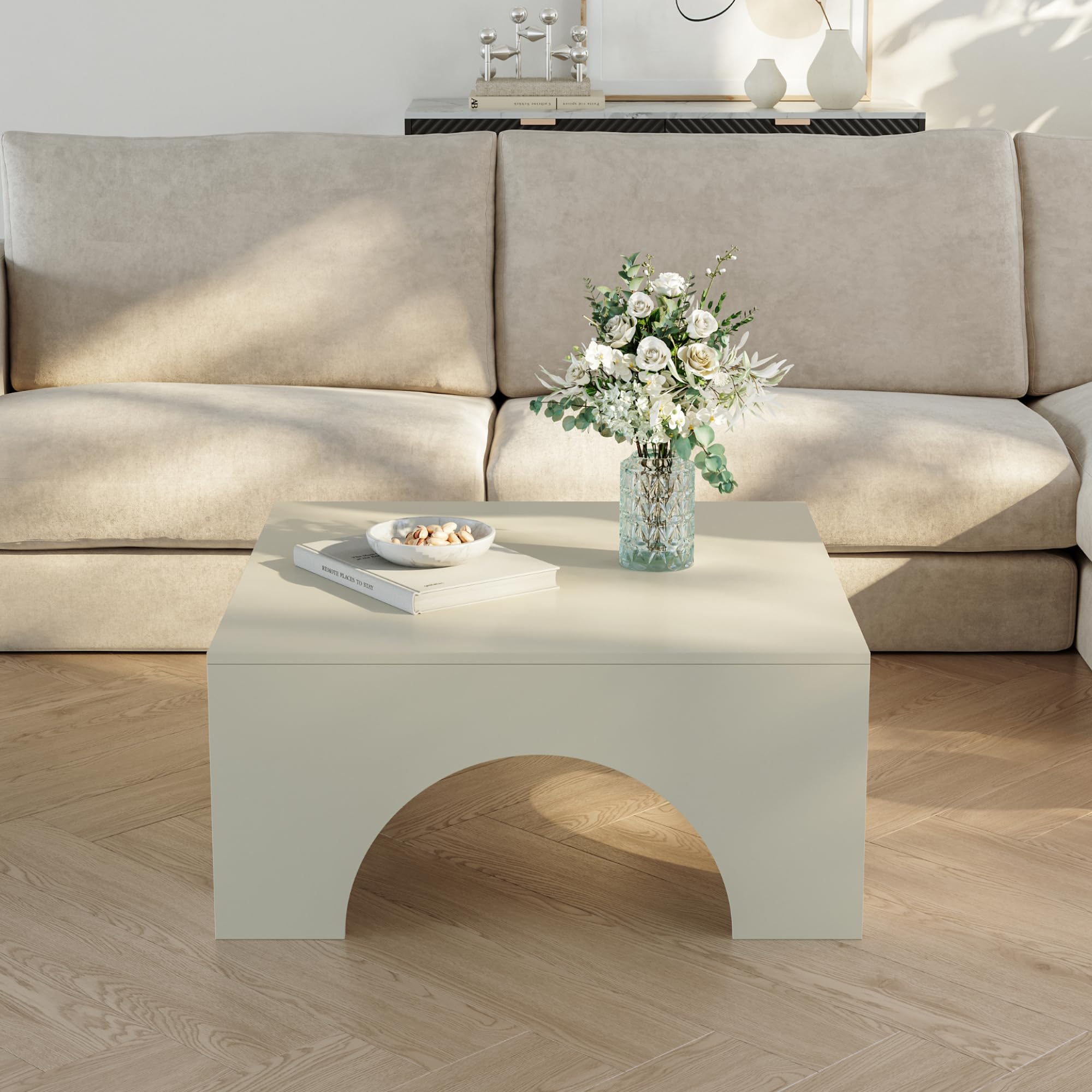 [en.casa] Tavolino da Salotto con Piano Quadrato Tavolo Basso Centrale da Caffè con Struttura ad Archi 80 x 80 x 37 cm per Soggiorno Studio - Colore Sabbia