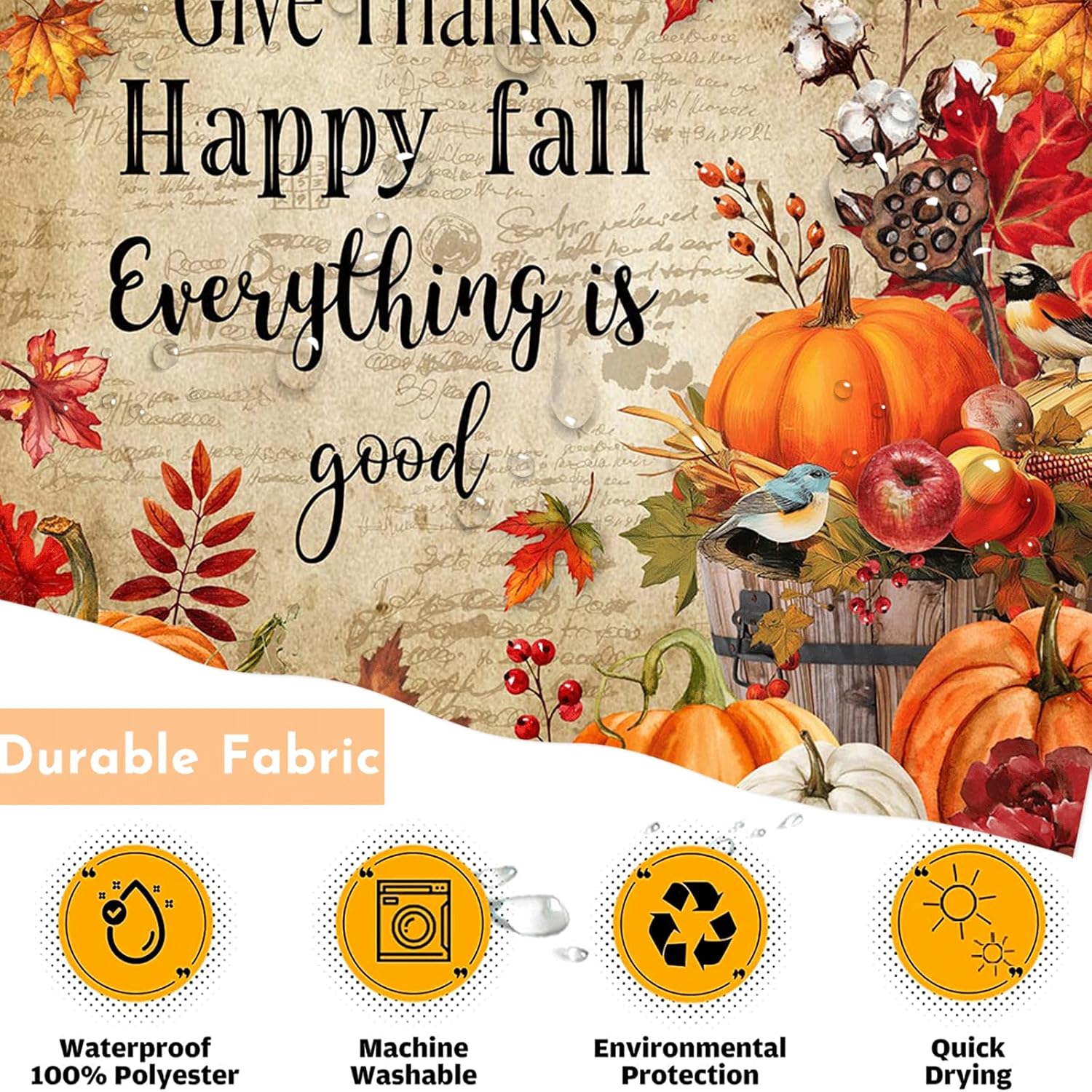 Lindameler Fall Thanksgiving Shower Curtain, Autumn Maple Pumpkin Shower Curtain for Fall Bathroom Decor Autumn Maple Bird Fruit Farmhouse Thanksgiving Bath Curtain, 72 X 72 Inch Waterproof Fabric