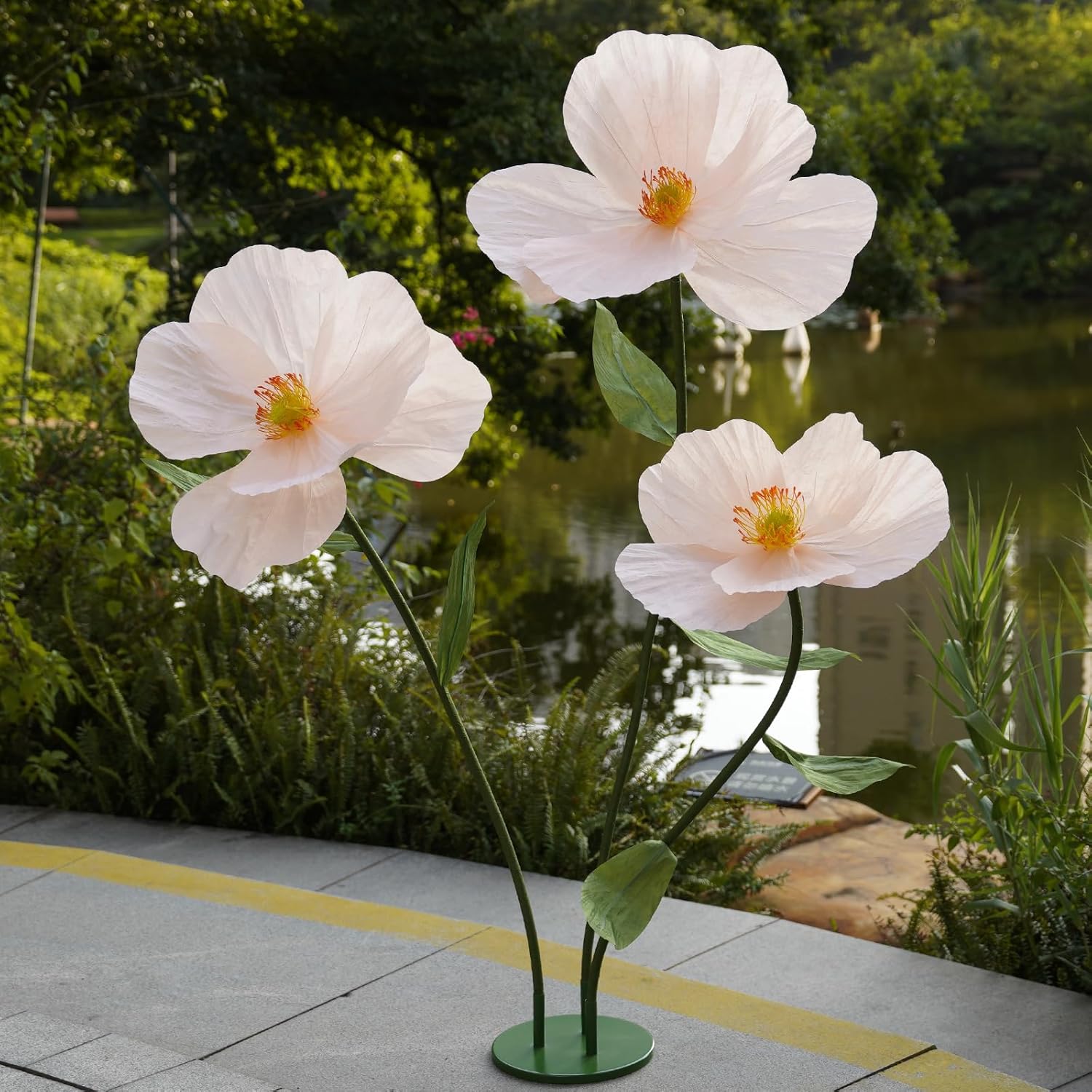 Large Paper Artificial Flowers,Giant Flowers for Decoration,Huge Handcrafted Poppy Fake Flowers with Stand for Home Decor Bridal Shower Party Outdoors Yard Event Backdrop Decor (Champagne) - Image 7