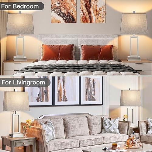 Miniatura 5 de Juego de 2 lámparas de mesa con control táctil, modernas lámparas de noche plateadas con puertos USB A+C y salida de CA, lámparas de mesa de noche