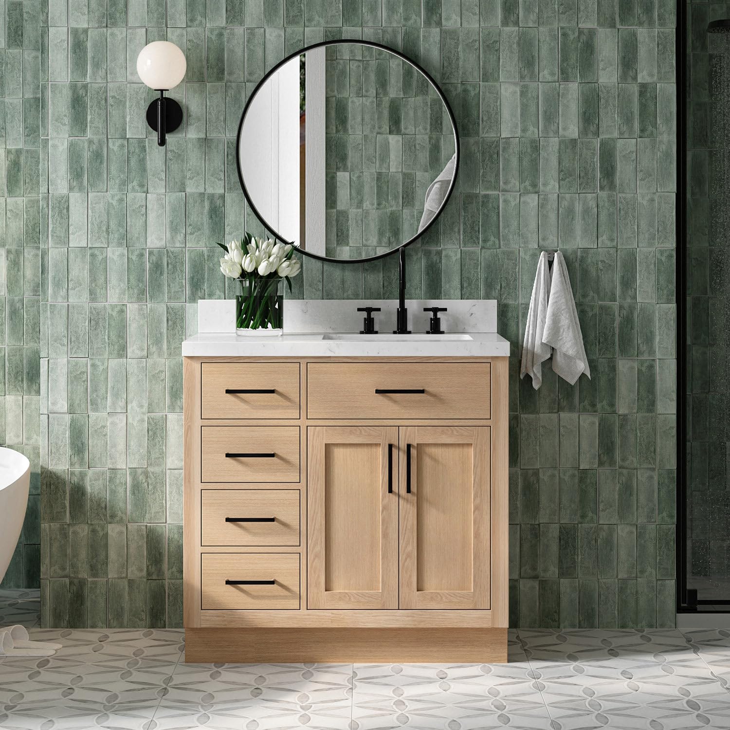 ARIEL Hepburn 36" Inch Bathroom Vanity with Sink, American Oak Solid Wood, Carrara White Quartz Countertop 1.5 inch Edge, Right Rectangular Single Sink, 2 Soft Closing Doors and 5 Drawers