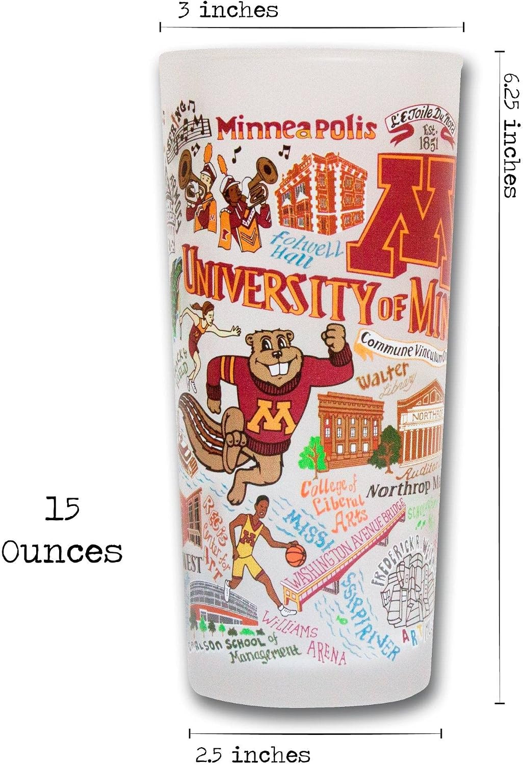 Catstudio Drinking Glass, University of Minnesota Glass Cup for Kitchen, 15oz Dishwasher Safe Tumbler for UMN Alumni