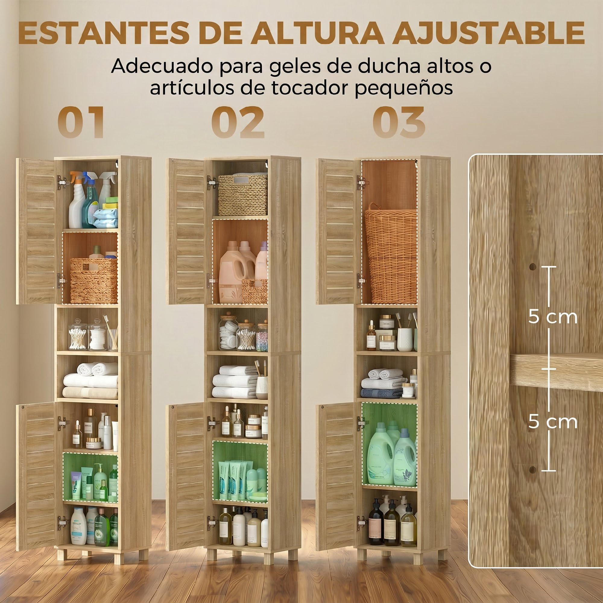 HOMCOM Armario de Baño Alto para Espacios Pequeños 34x23x170 cm Natural | Mueble Auxiliar de Baño Estrecho, Estantes Ajustables, Puertas de Lamas Apertura por Presión, Estantes Abiertos