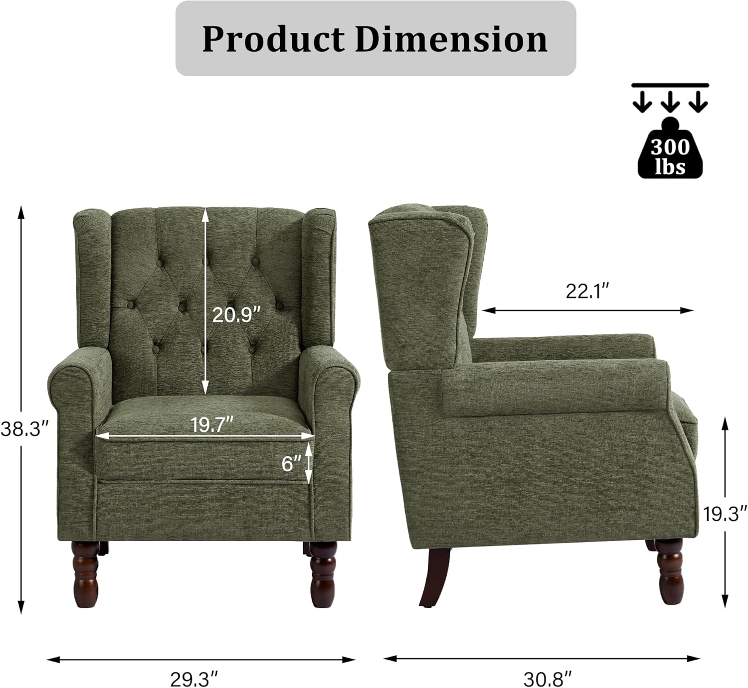 Wingback Accent Chair, High Back Arm Chair for Living Room, Button-Tufted Upholstered Fabric Armchair with Solid Wood Legs, Comfy Single Sofa Reading Chair for Bedroom, Green