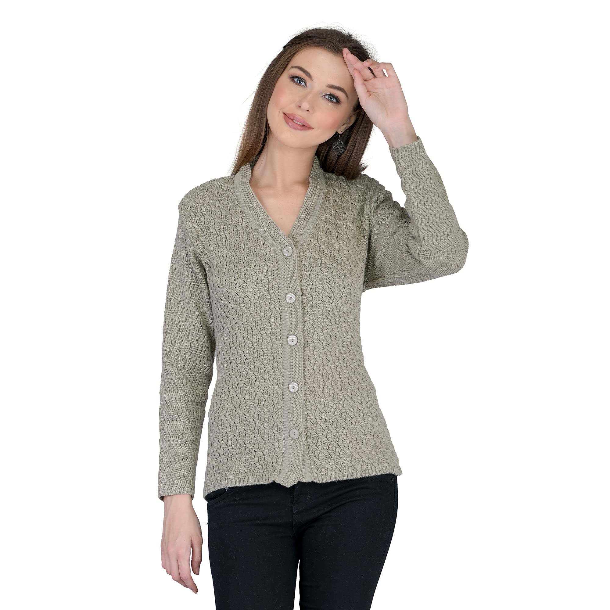 ladywillington Lady Willington Women Woolen V-Neck Self Design Cardigan Heavy Daffodil Fabric Cardigan Winter Wear Pure Wool Cardigan for Women Free Size Long Cotty Fully Warm Cardigans (L, Mouse)-picture-39