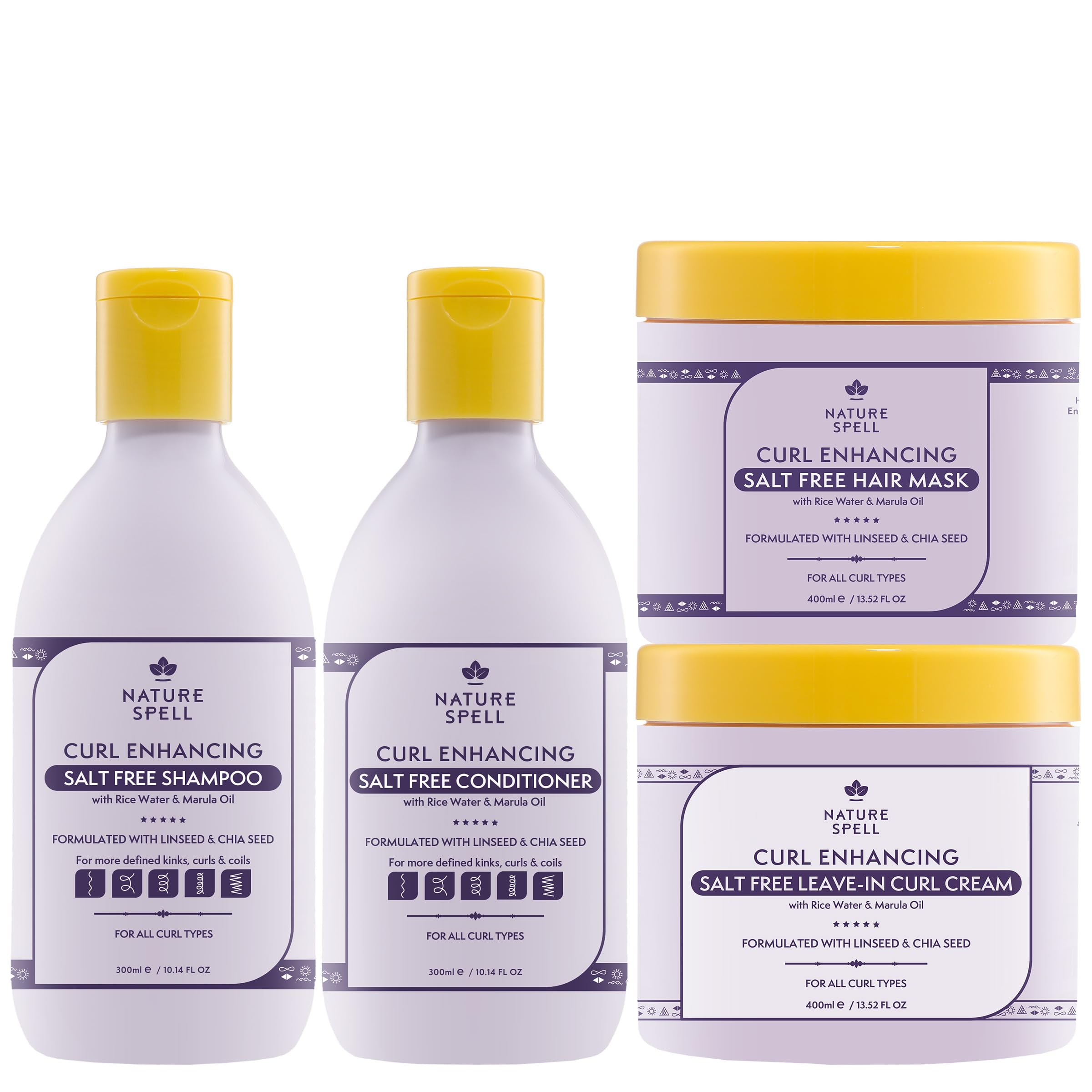 Nature Spell Curl Enhancing Set for Curly Hair Salt Free Shampoo & Conditioner, Hair Mask & Leave-In Cream