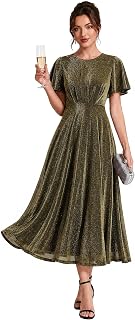 Ever-Pretty Women's Round Neck Semi Formal Dresses Midi Wedding Guest Dress | A-Line, Pleated , Short Ruffle Sleeves, Formal Dresses for Women, Cocktail Dress