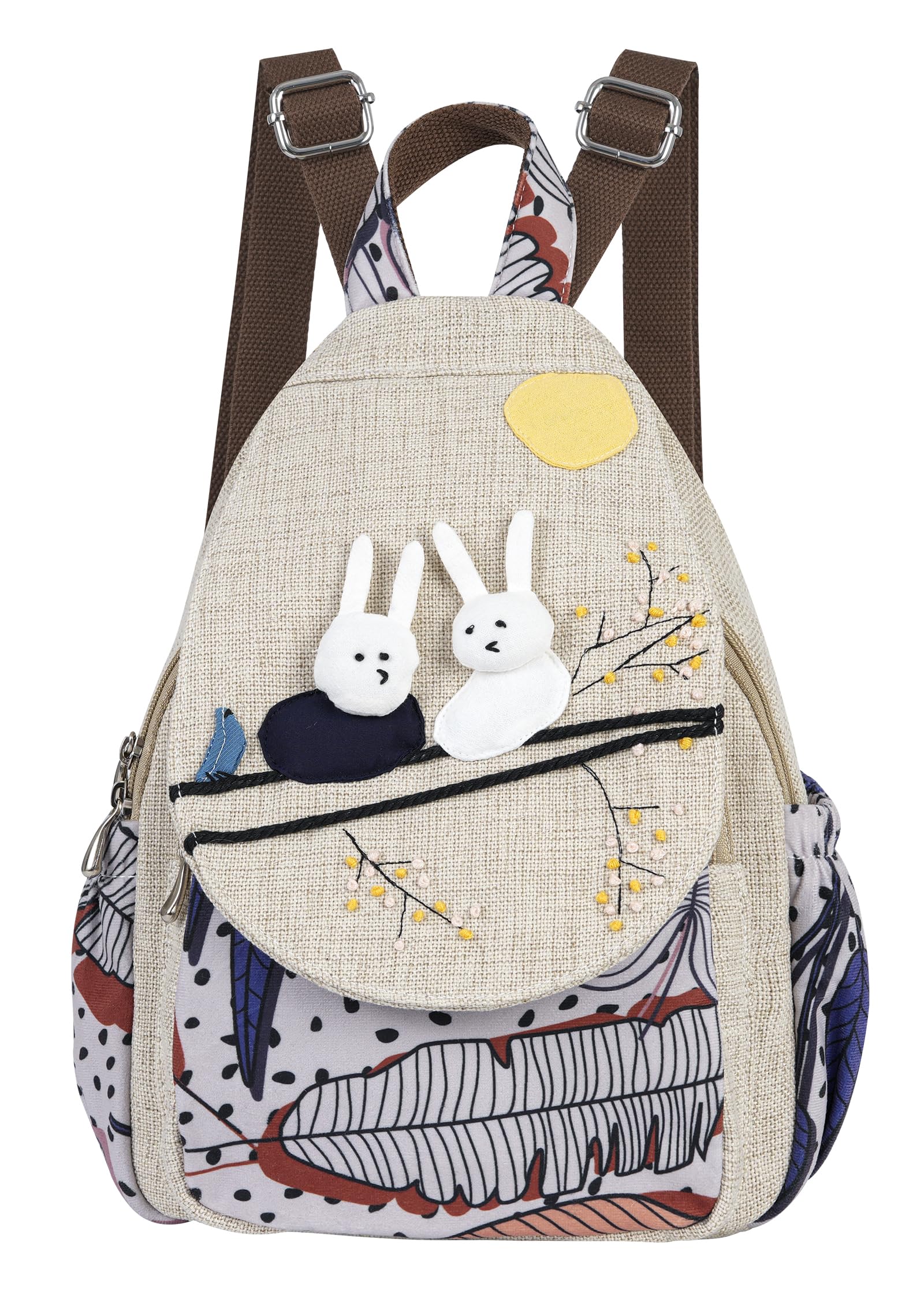 Bolso tipo mochila para mujer, estilo bohemio, convertible, pequeño, con diseño de hongos y tejido, hippie, Amarillo, Medium and small size, Mochilas de mochila