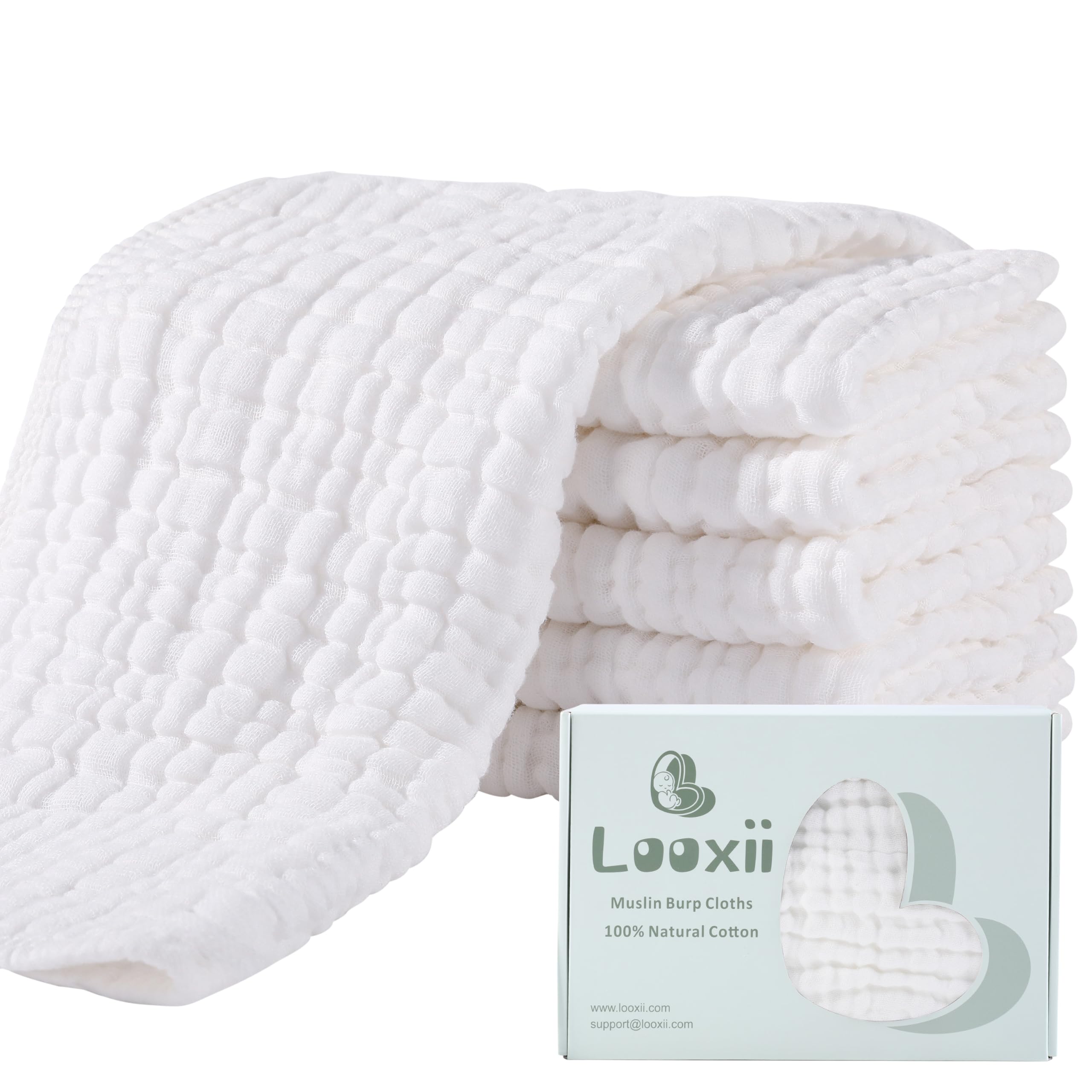 Looxii Muselinas Bebé Paño Algodón 6 Piezas 27x48 cm Gasas para Bebes Toalla Facial Infantil 6 Capas de absorción de Agua de Muselinas para Baño y Paños Eructos Niños Niñas Blanco