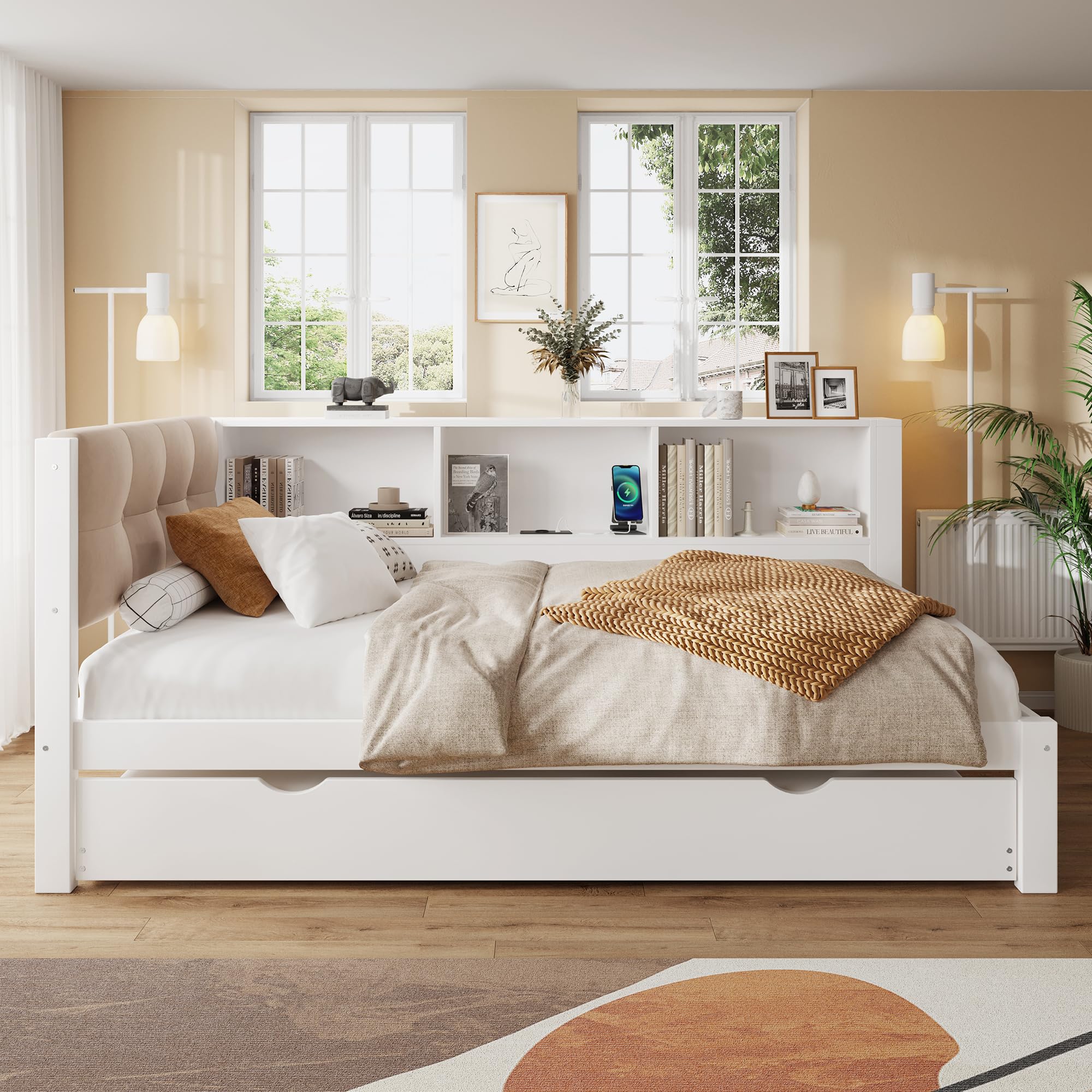 Cama infantil de 90 x 200 cm, con cama nido de 90 x 190 cm, con conector USB y tira LED, sofá cama con cabecero acolchado, estructura de madera, blanco, sin colchón (blanco, 90 x 200 cm)